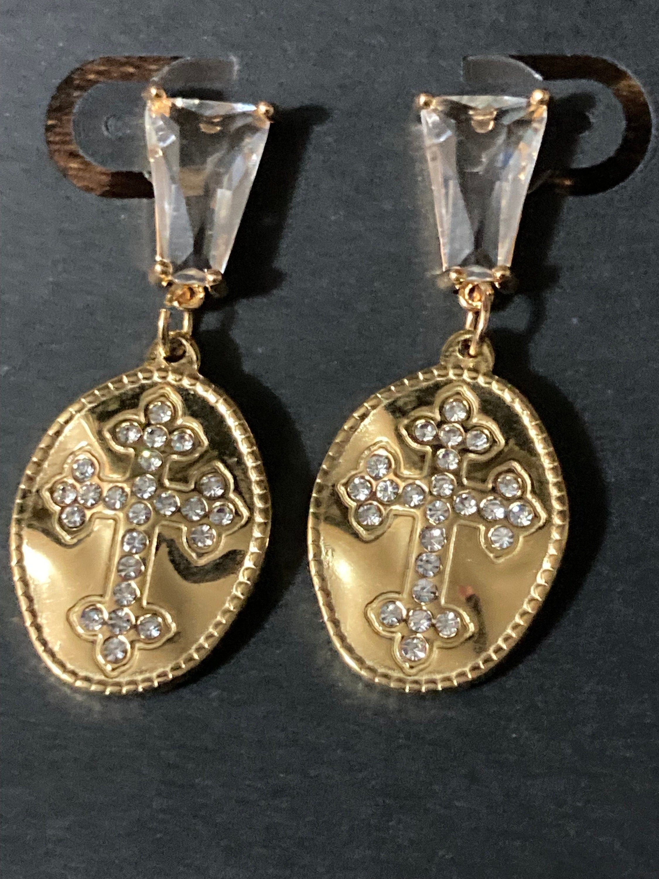 18k gold plated crystal diamanté clear religious cross drop post charm earrings