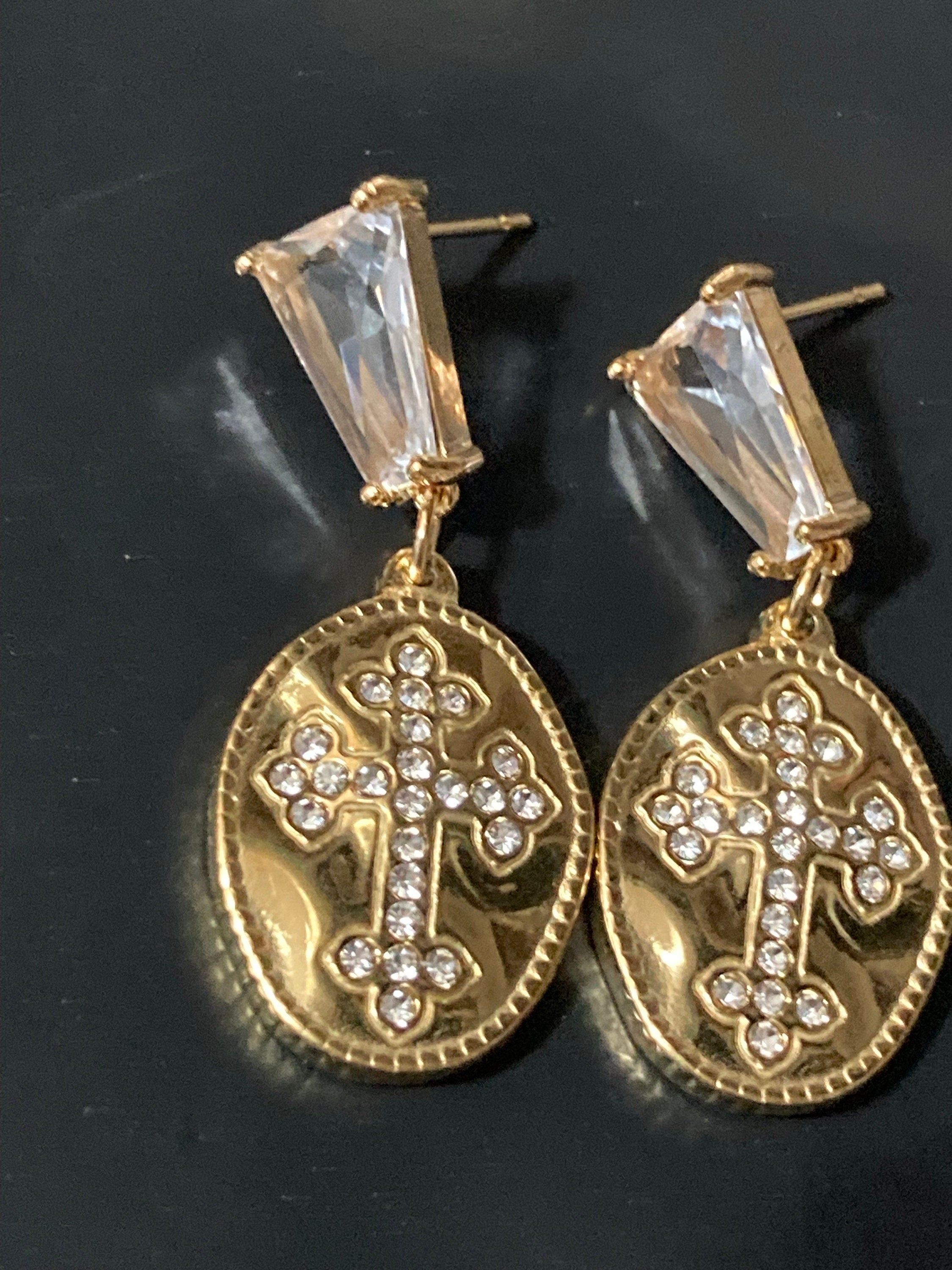 18k gold plated crystal diamanté clear religious cross drop post charm earrings