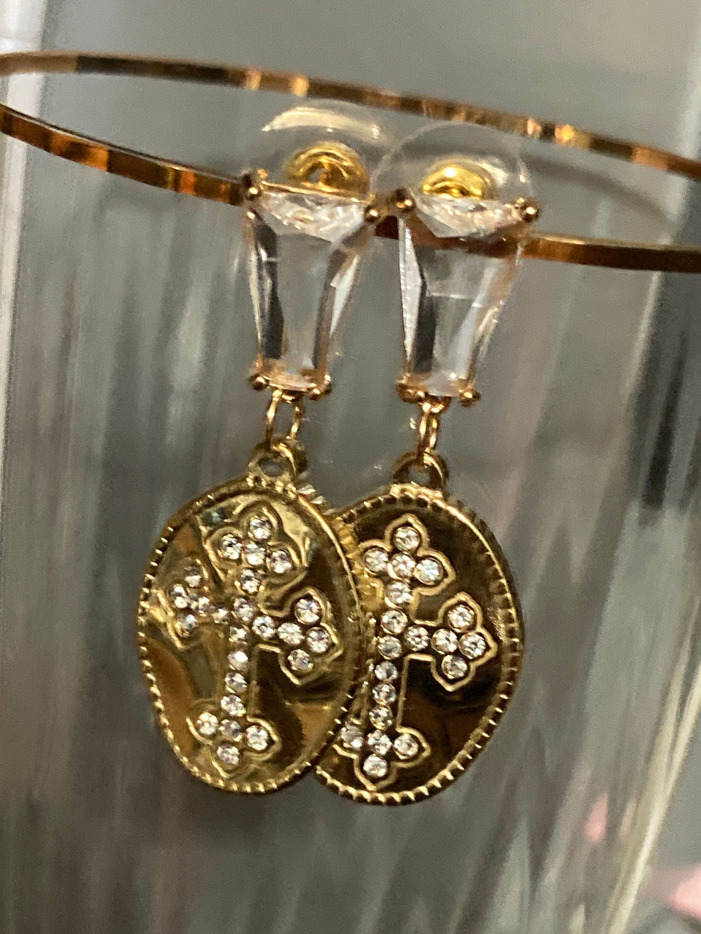 18k gold plated crystal diamanté clear religious cross drop post charm earrings