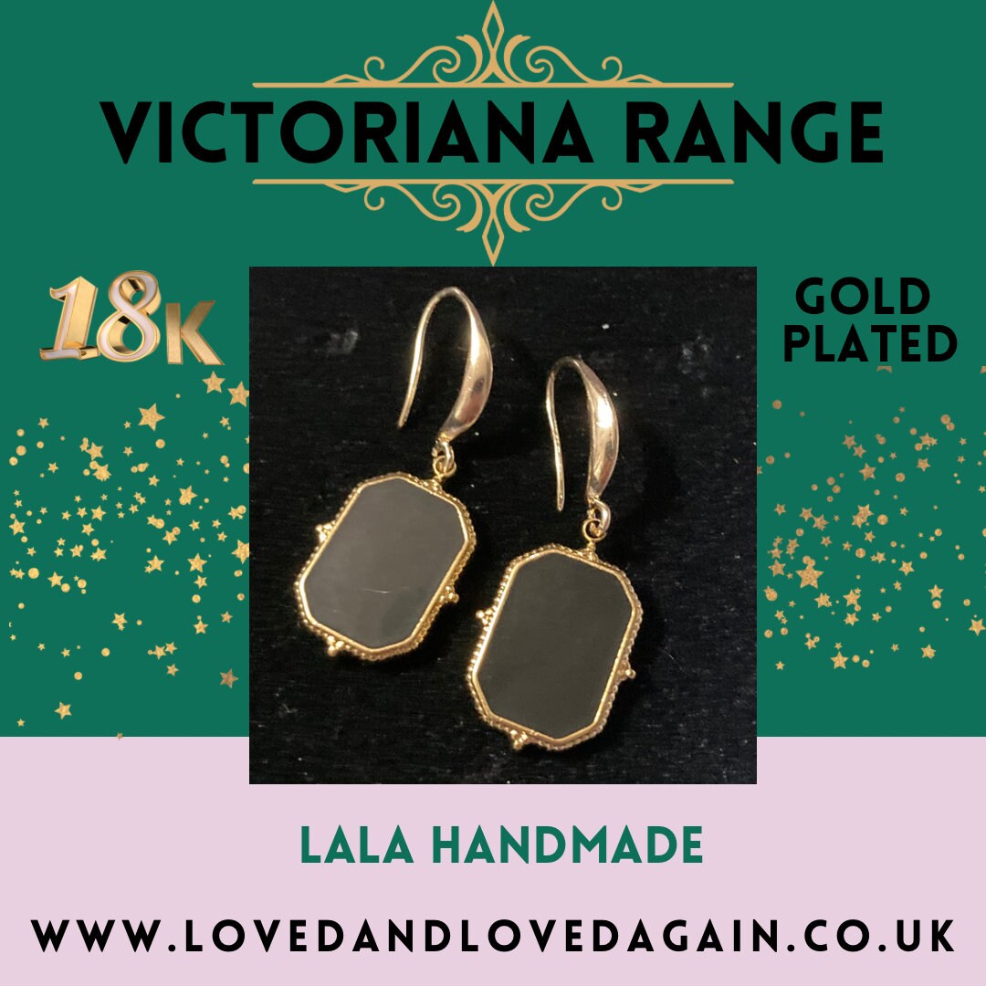 18k gold plated black enamel Victorian charm panel earrings
