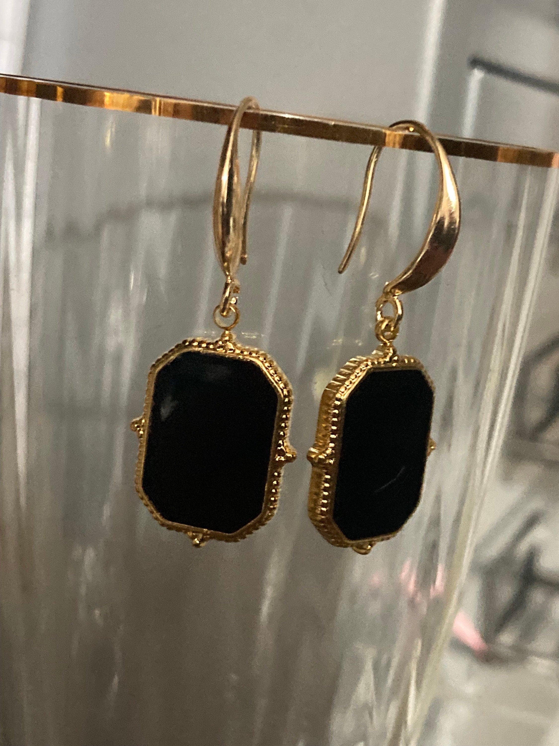18k gold plated black enamel Victorian charm panel earrings