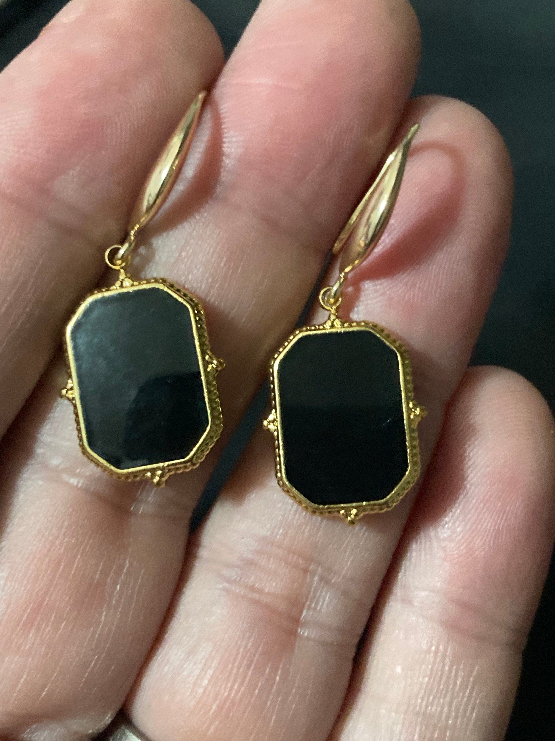 18k gold plated black enamel Victorian charm panel earrings