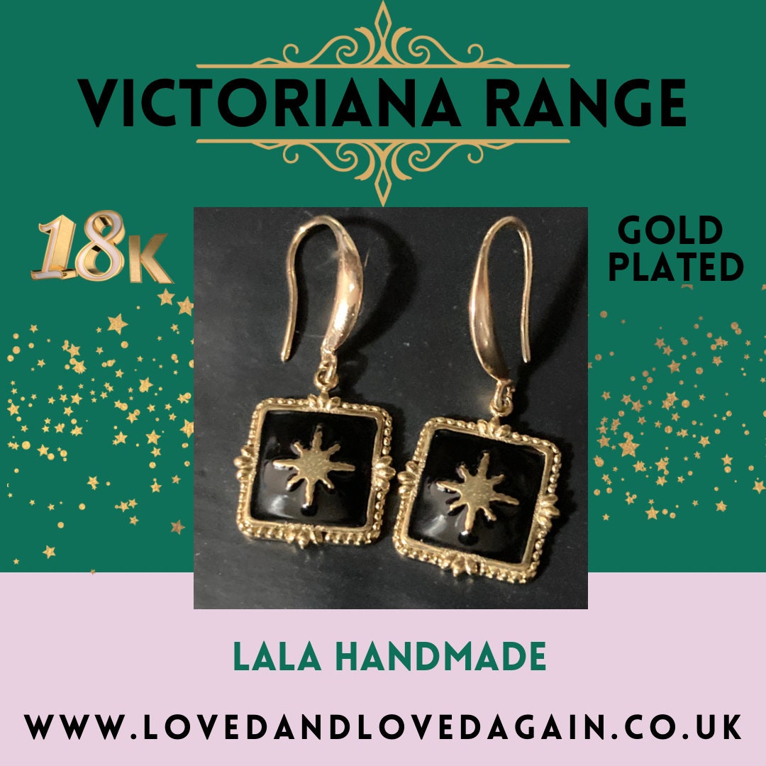 18k gold plated black enamel Victorian star charm panel earrings