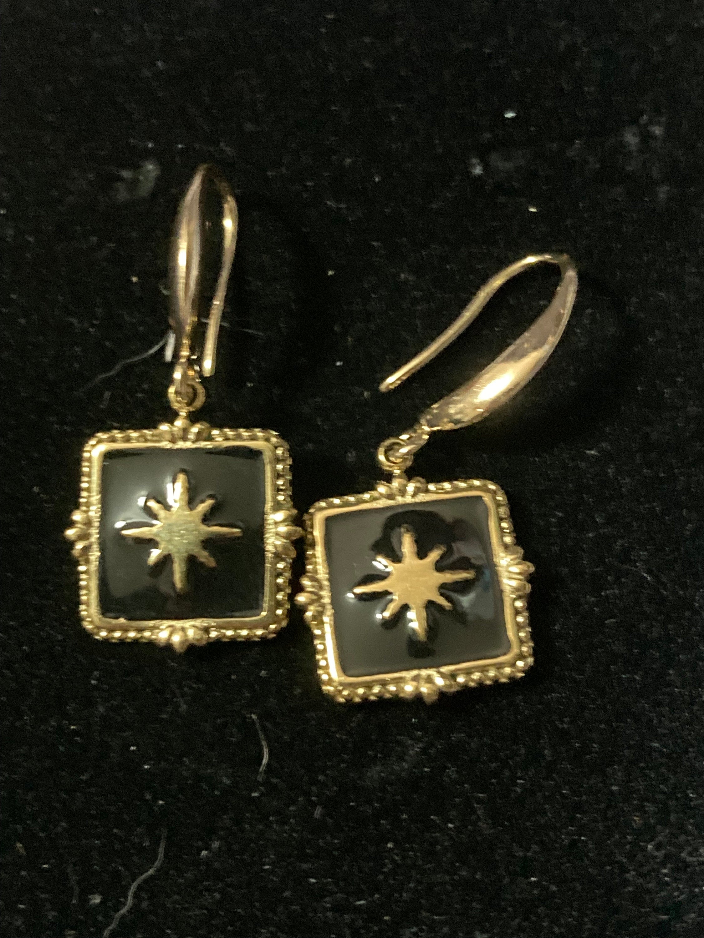 18k gold plated black enamel Victorian star charm panel earrings