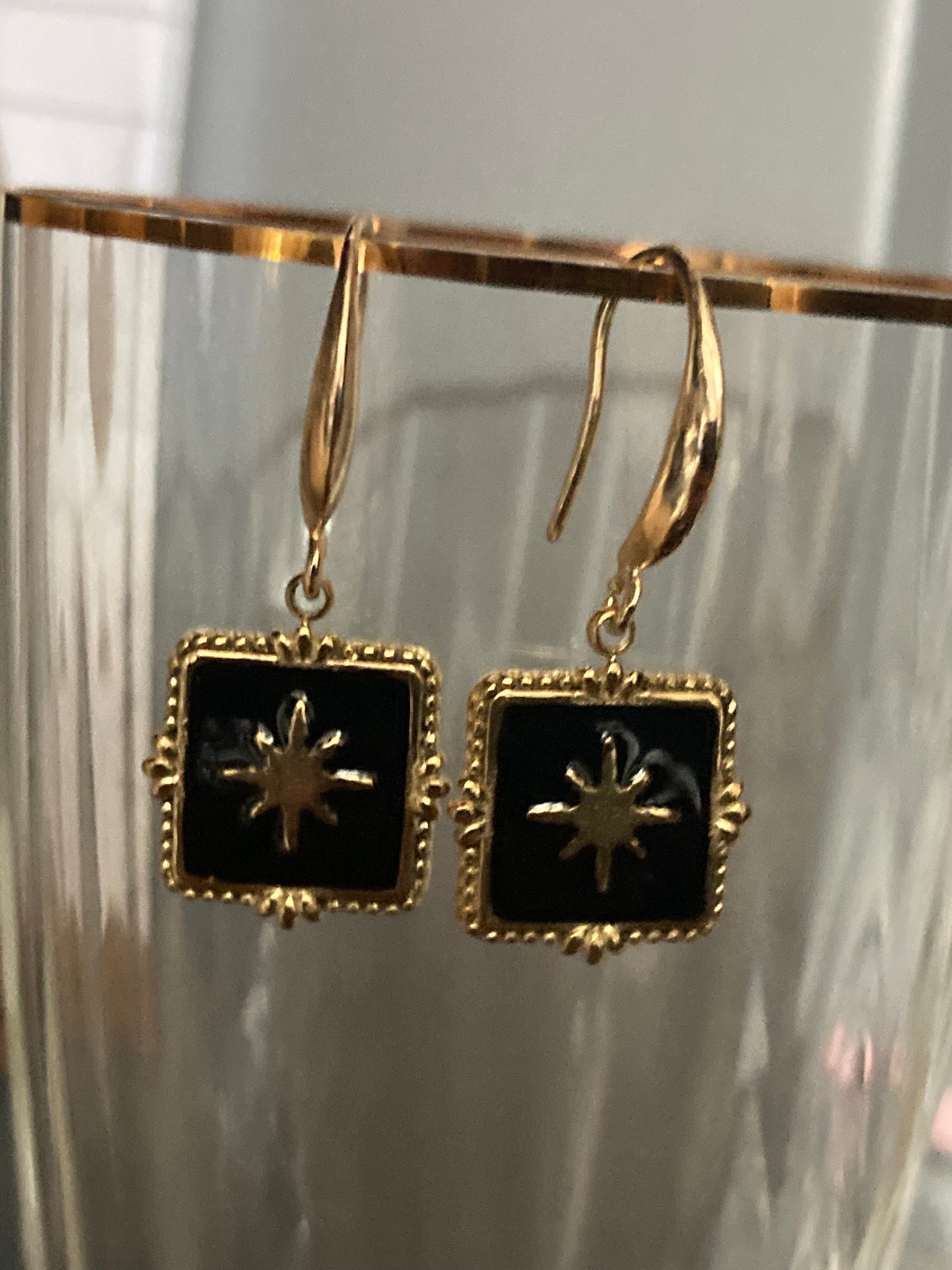 18k gold plated black enamel Victorian star charm panel earrings