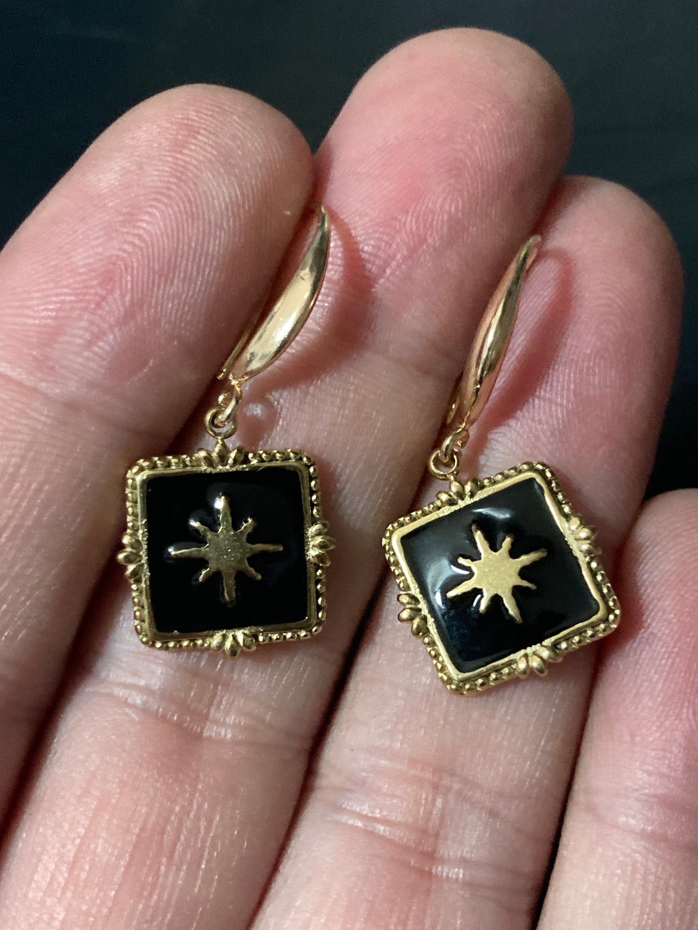 18k gold plated black enamel Victorian star charm panel earrings