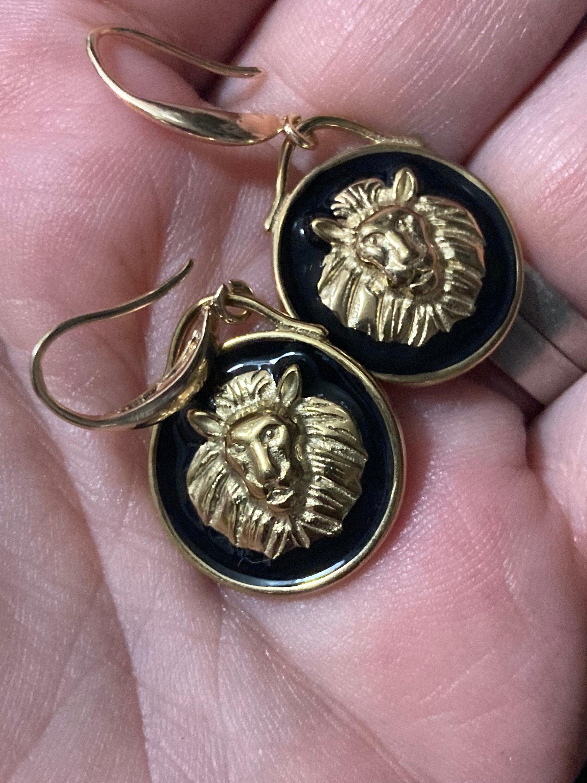 18k gold plated black enamel Victorian lion head charm panel earrings