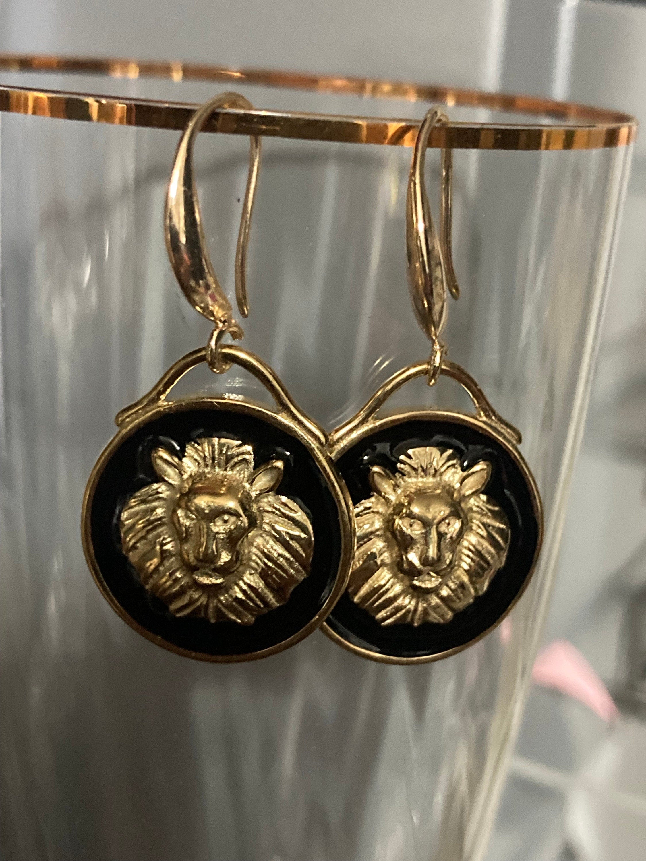 18k gold plated black enamel Victorian lion head charm panel earrings