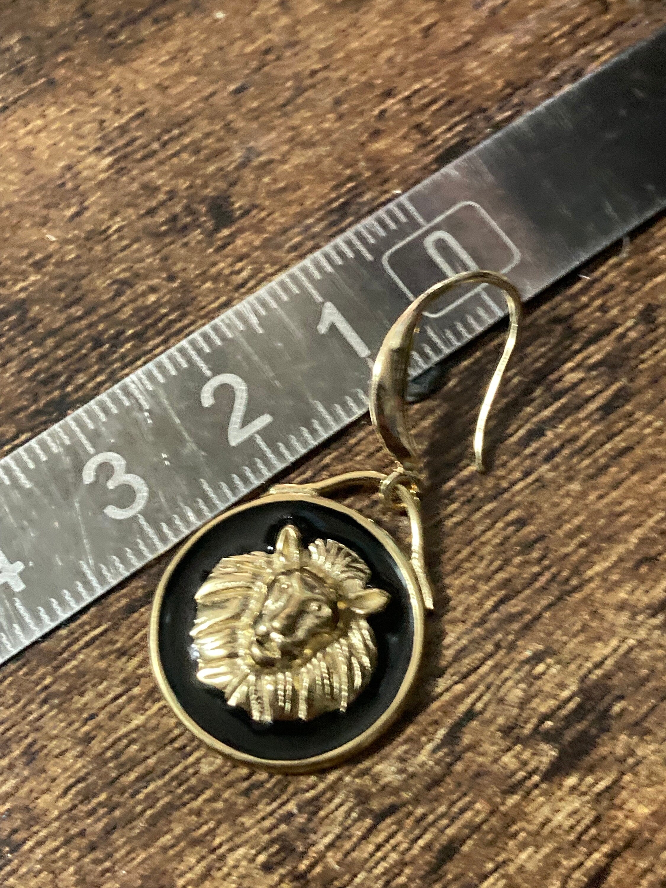 18k gold plated black enamel Victorian lion head charm panel earrings