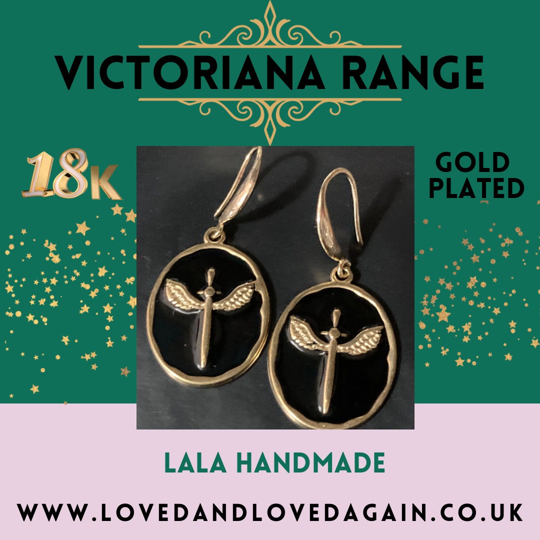 18k gold plated black enamel Victorian winged sword charm panel earrings