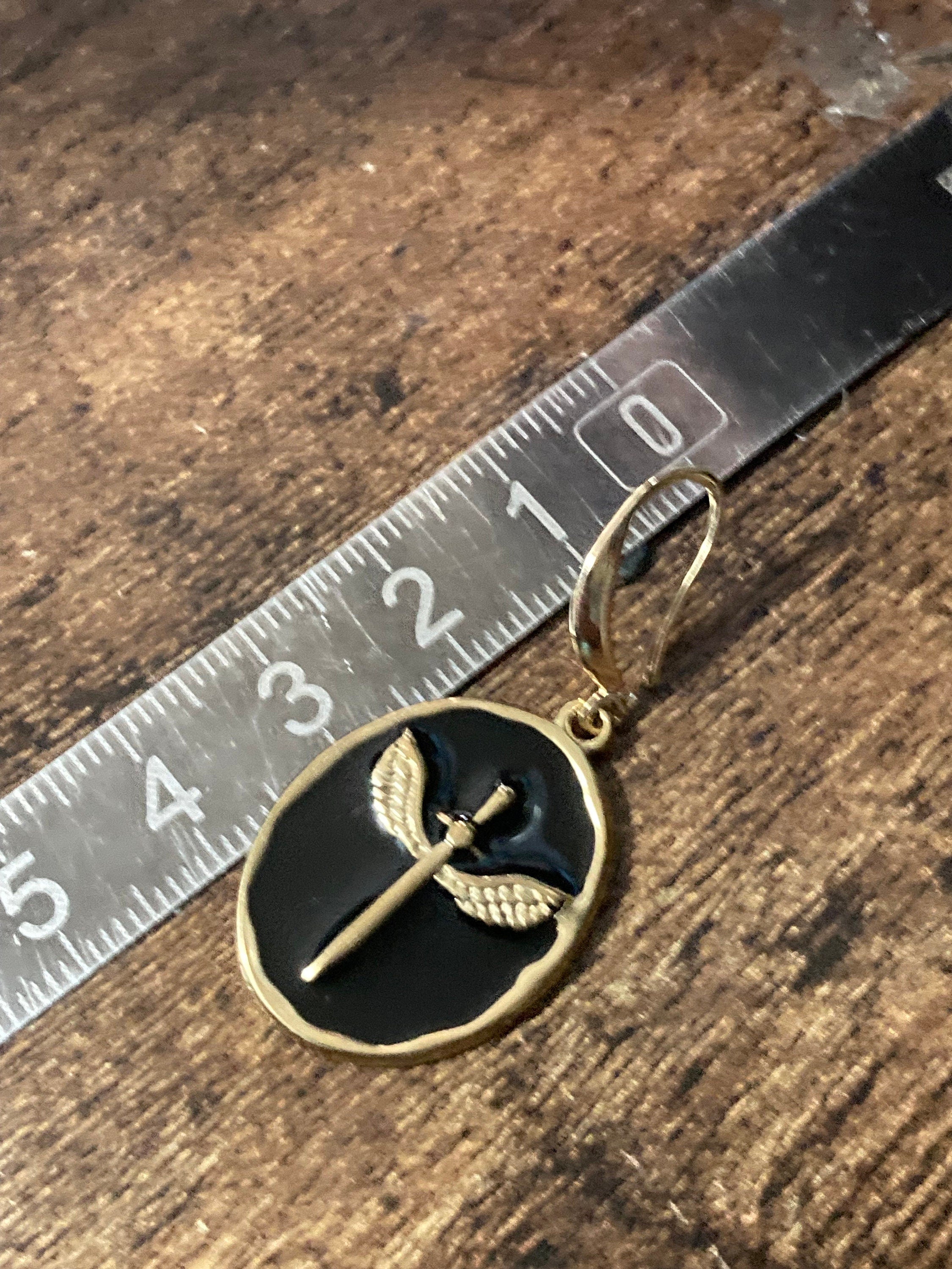 18k gold plated black enamel Victorian winged sword charm panel earrings