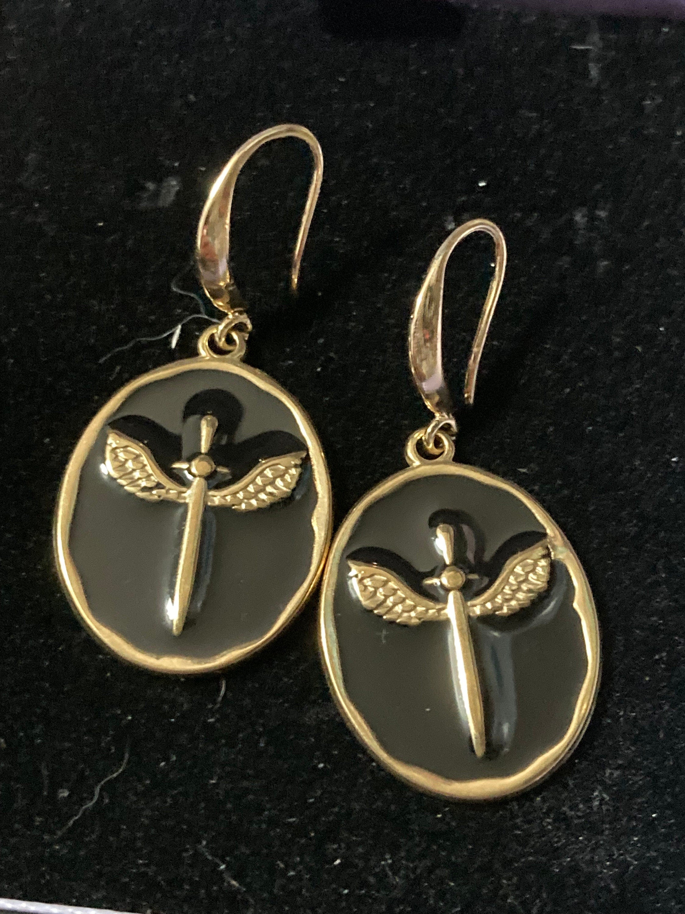 18k gold plated black enamel Victorian winged sword charm panel earrings