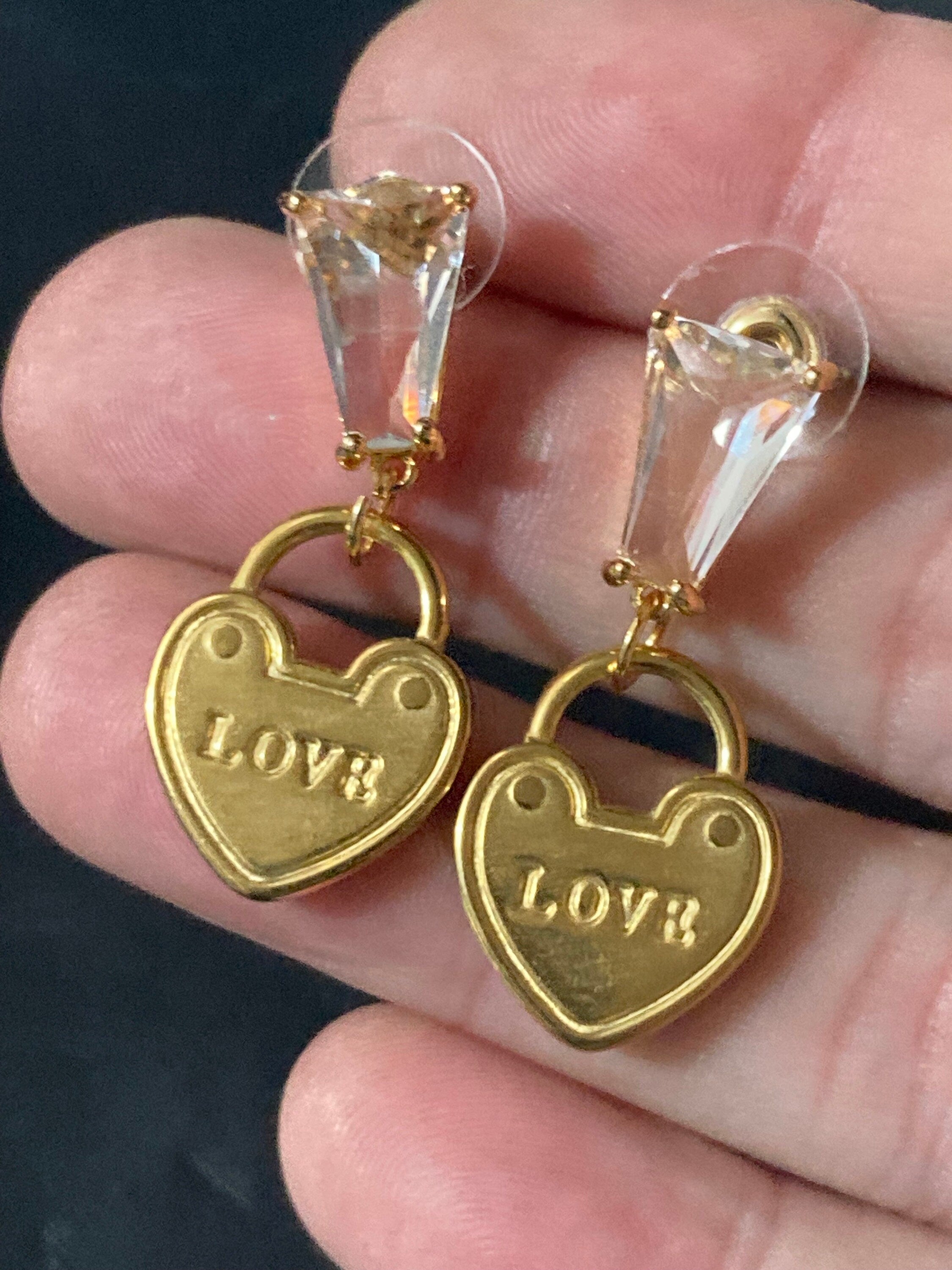 18k gold plated crystal diamanté love heart Victorian padlock charm post earrings pierced