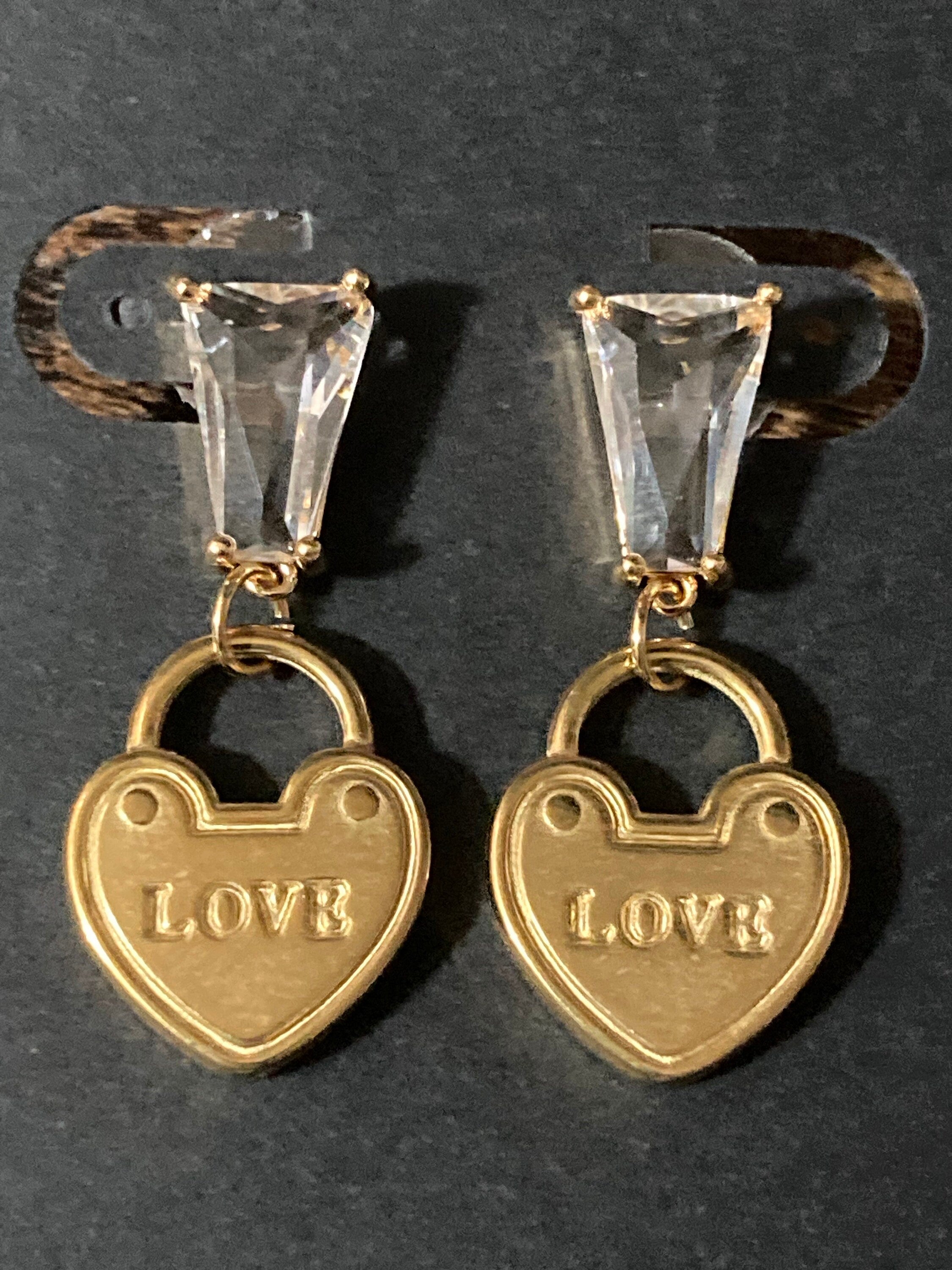 18k gold plated crystal diamanté love heart Victorian padlock charm post earrings pierced
