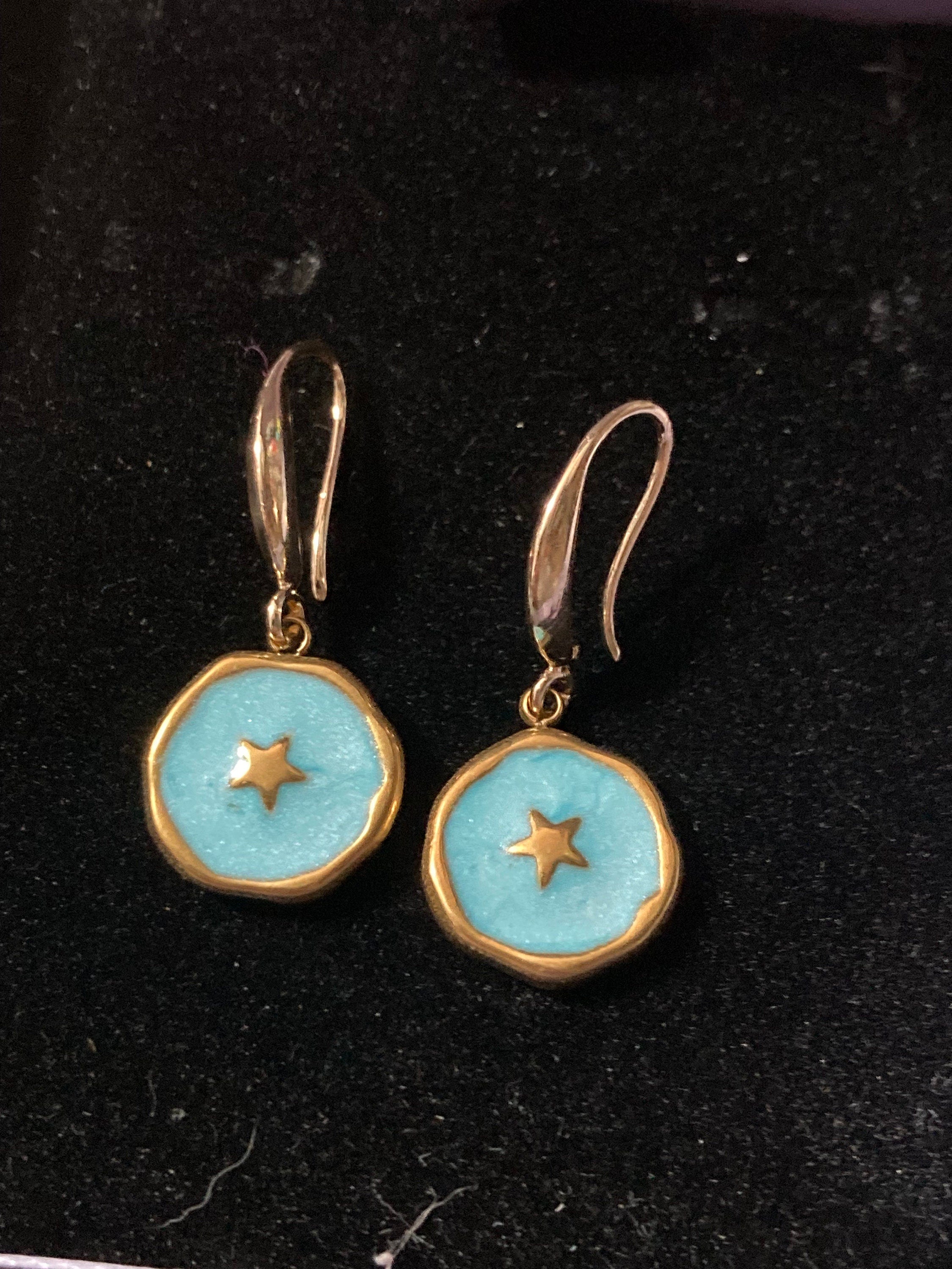 18k gold plated turquoise blue enamel Victorian star charm panel earrings