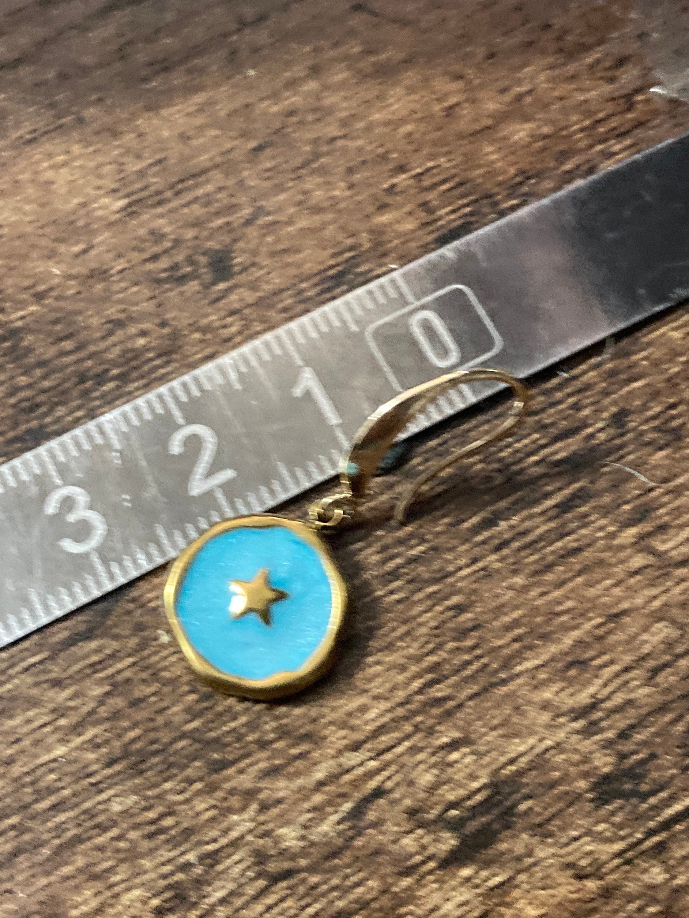 18k gold plated turquoise blue enamel Victorian star charm panel earrings