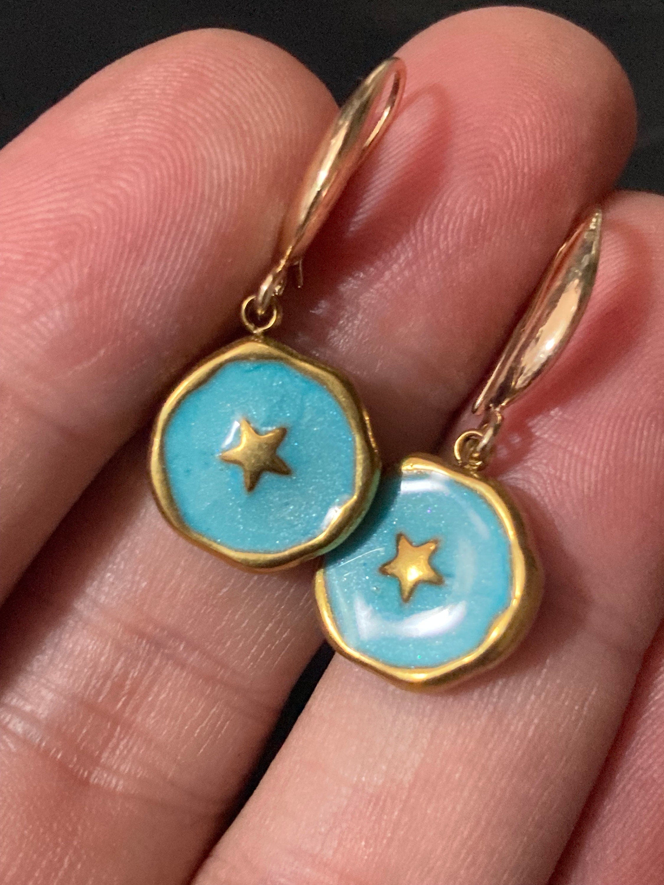 18k gold plated turquoise blue enamel Victorian star charm panel earrings