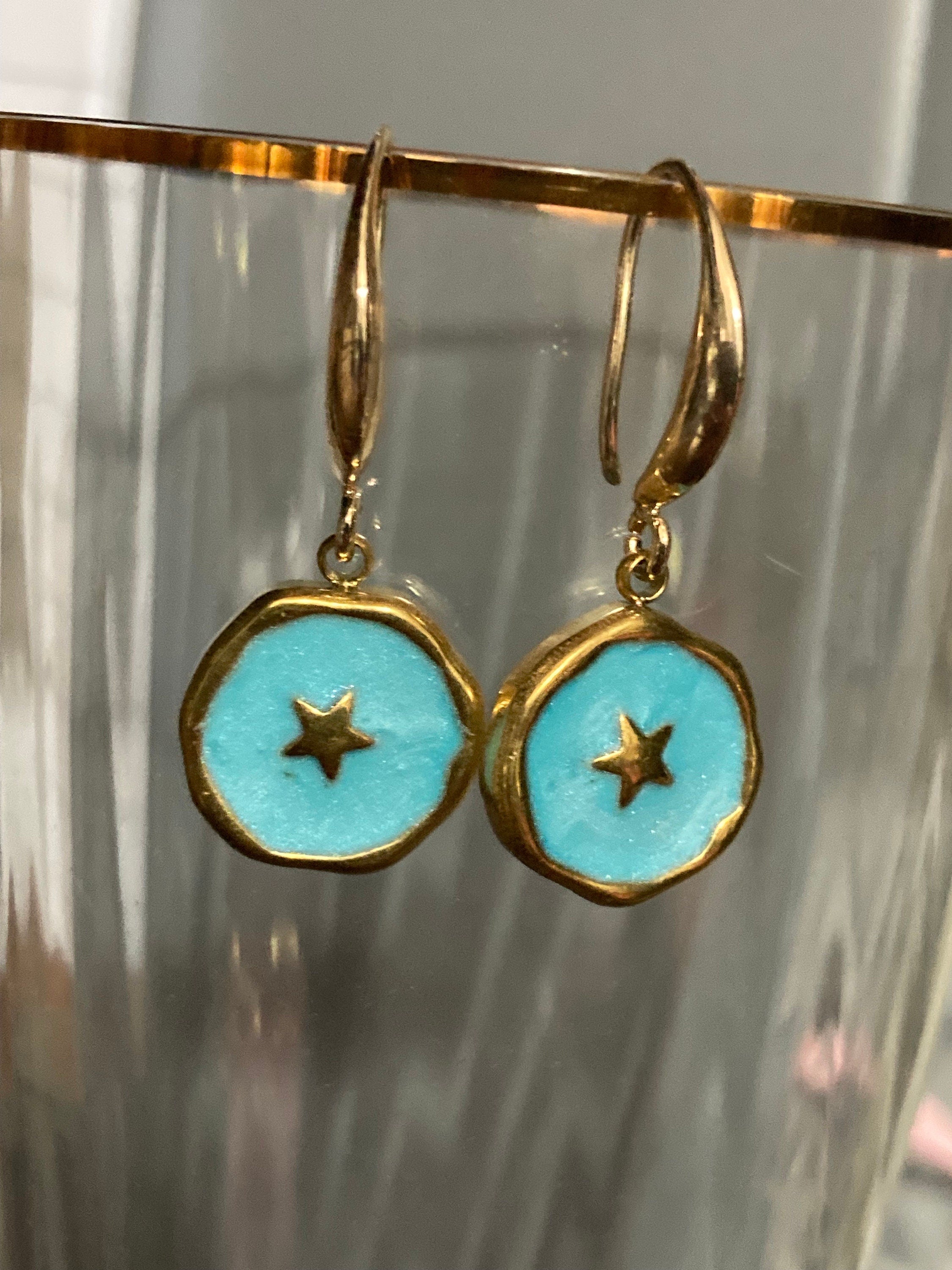 18k gold plated turquoise blue enamel Victorian star charm panel earrings