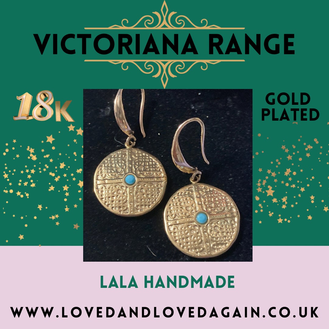 18k gold plated turquoise blue Victorian disc charm panel earrings