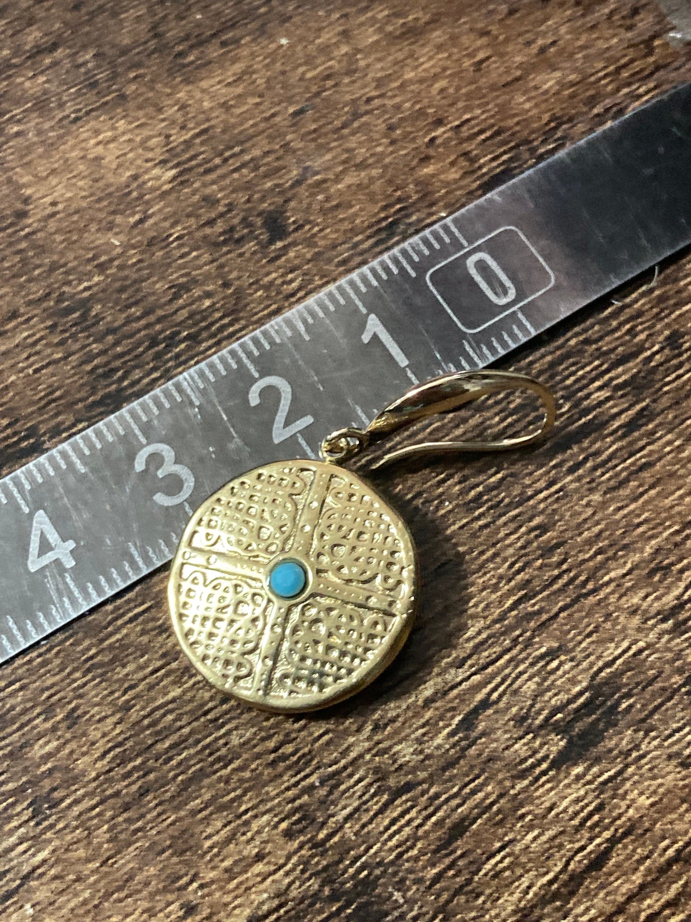 18k gold plated turquoise blue Victorian disc charm panel earrings
