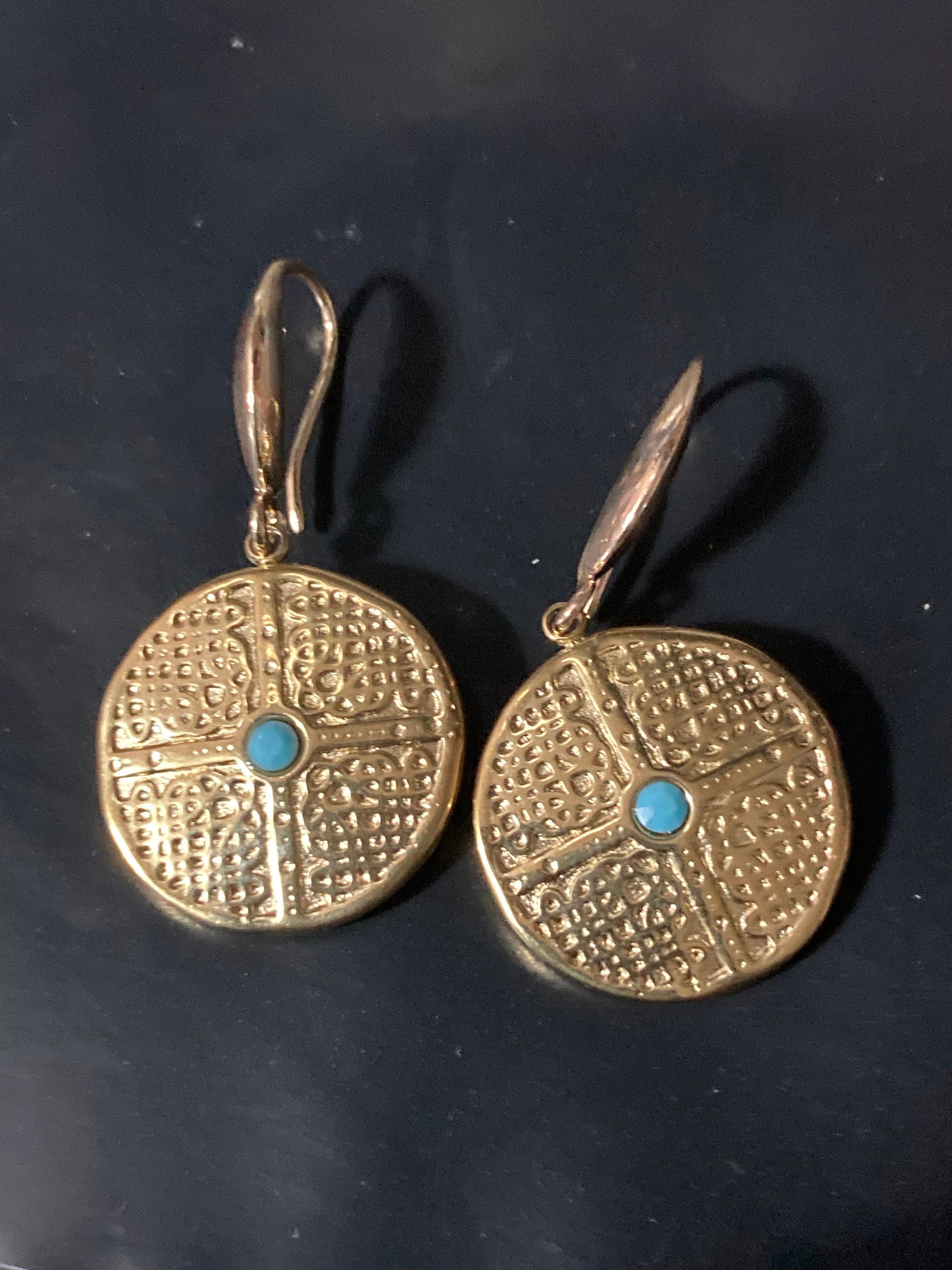 18k gold plated turquoise blue Victorian disc charm panel earrings