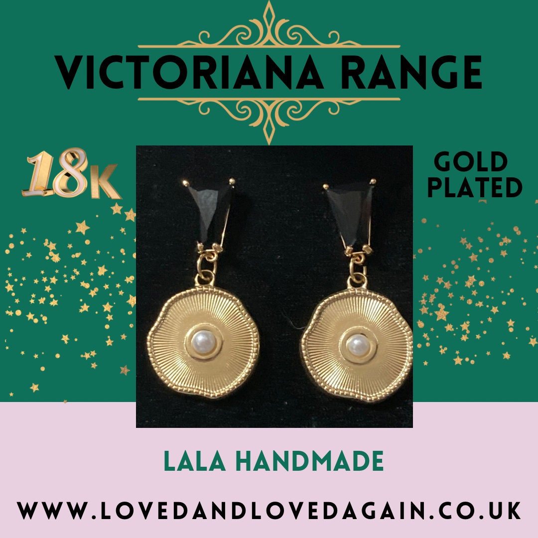 18k gold plated seed pearl black crystal diamanté Victorian post charm earrings