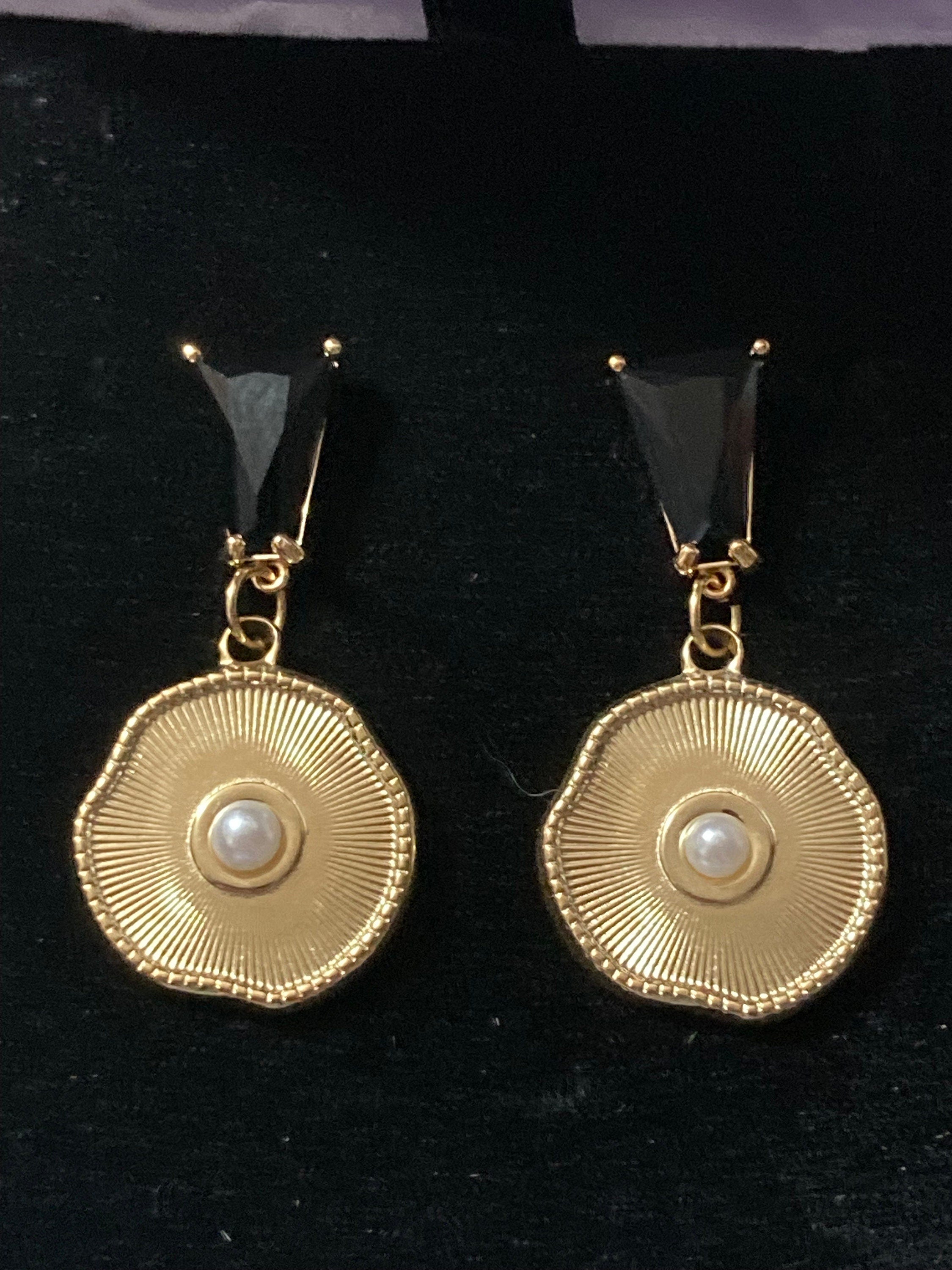 18k gold plated seed pearl black crystal diamanté Victorian post charm earrings