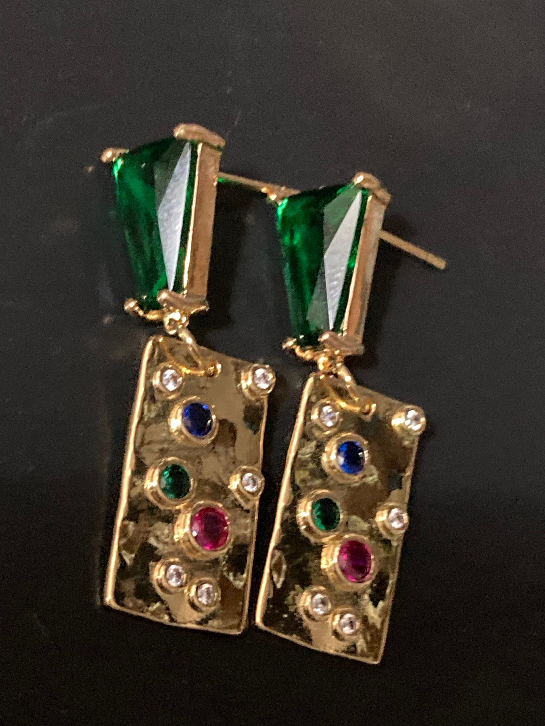 18k gold plated emerald green crystal diamanté post charm earrings pink