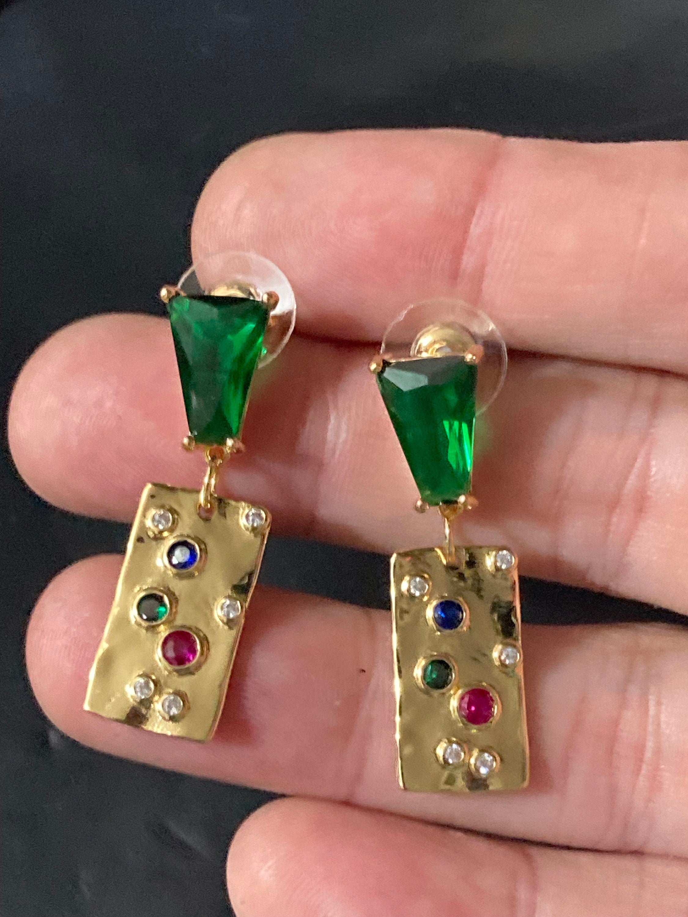 18k gold plated emerald green crystal diamanté post charm earrings pink