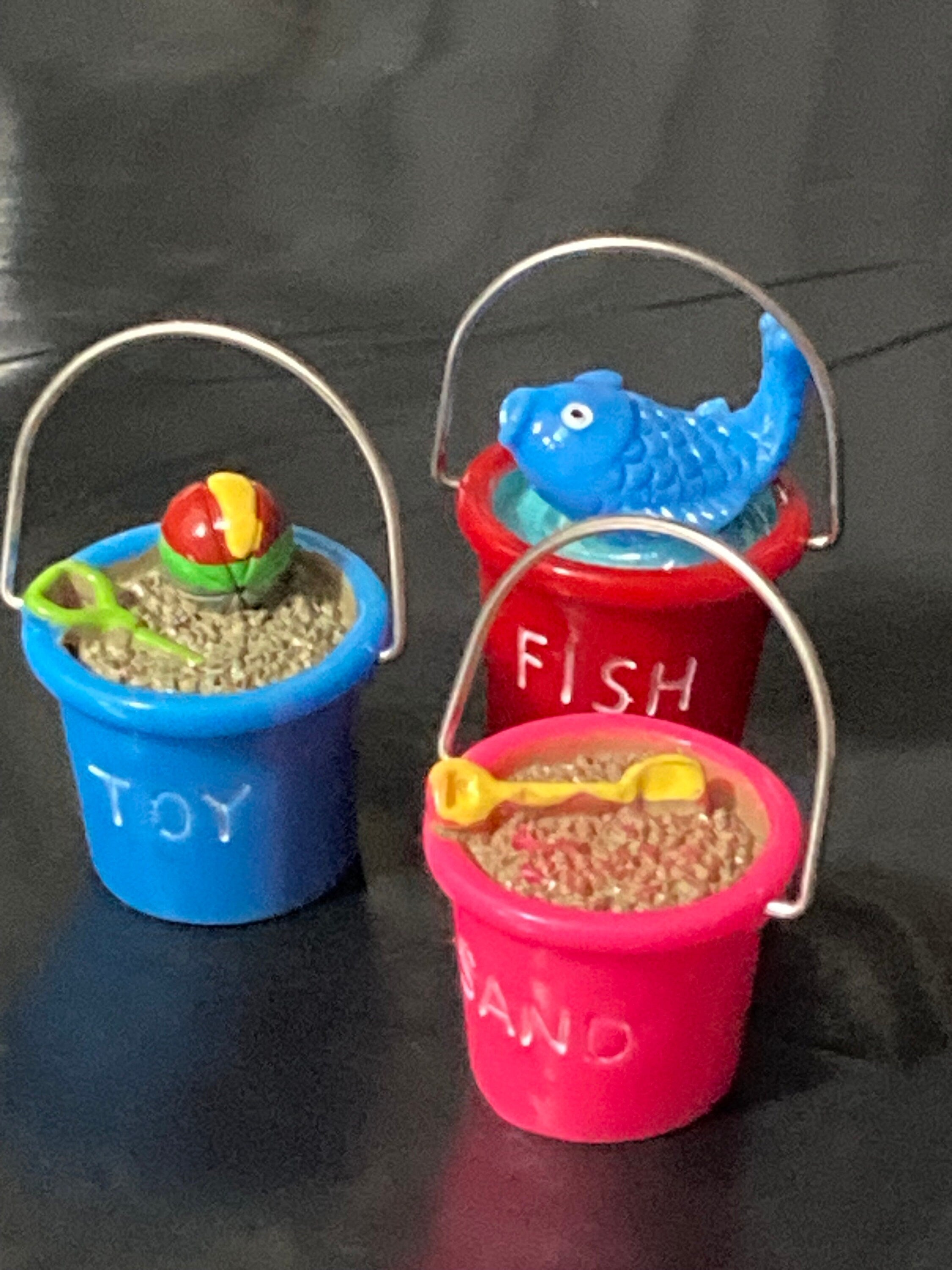 miniature red bucket fishing cake decoration topper , seaside nautical scenery prop