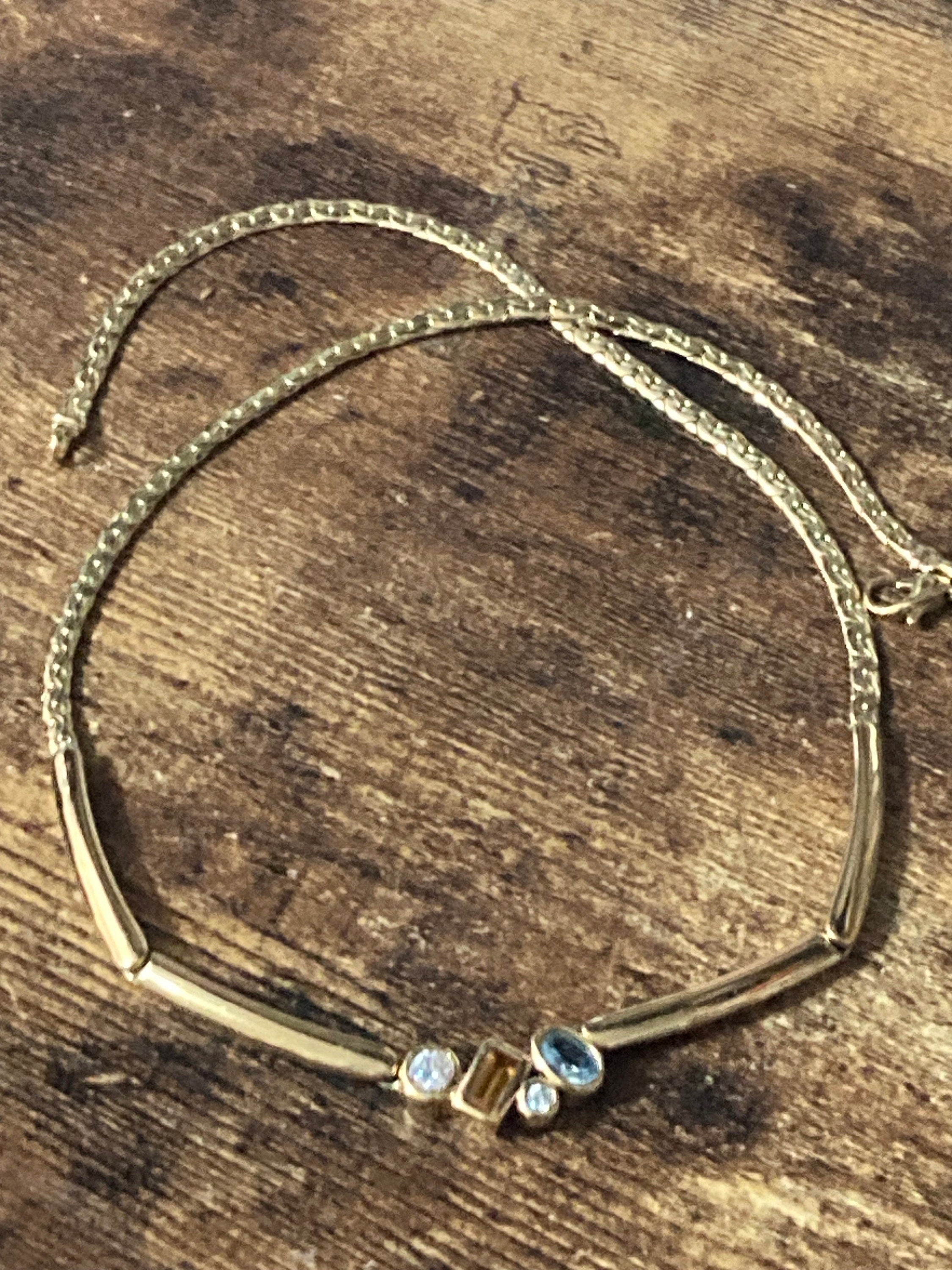 Vintage gold tone curb chain necklace with clear and orange blue glass paste diamanté