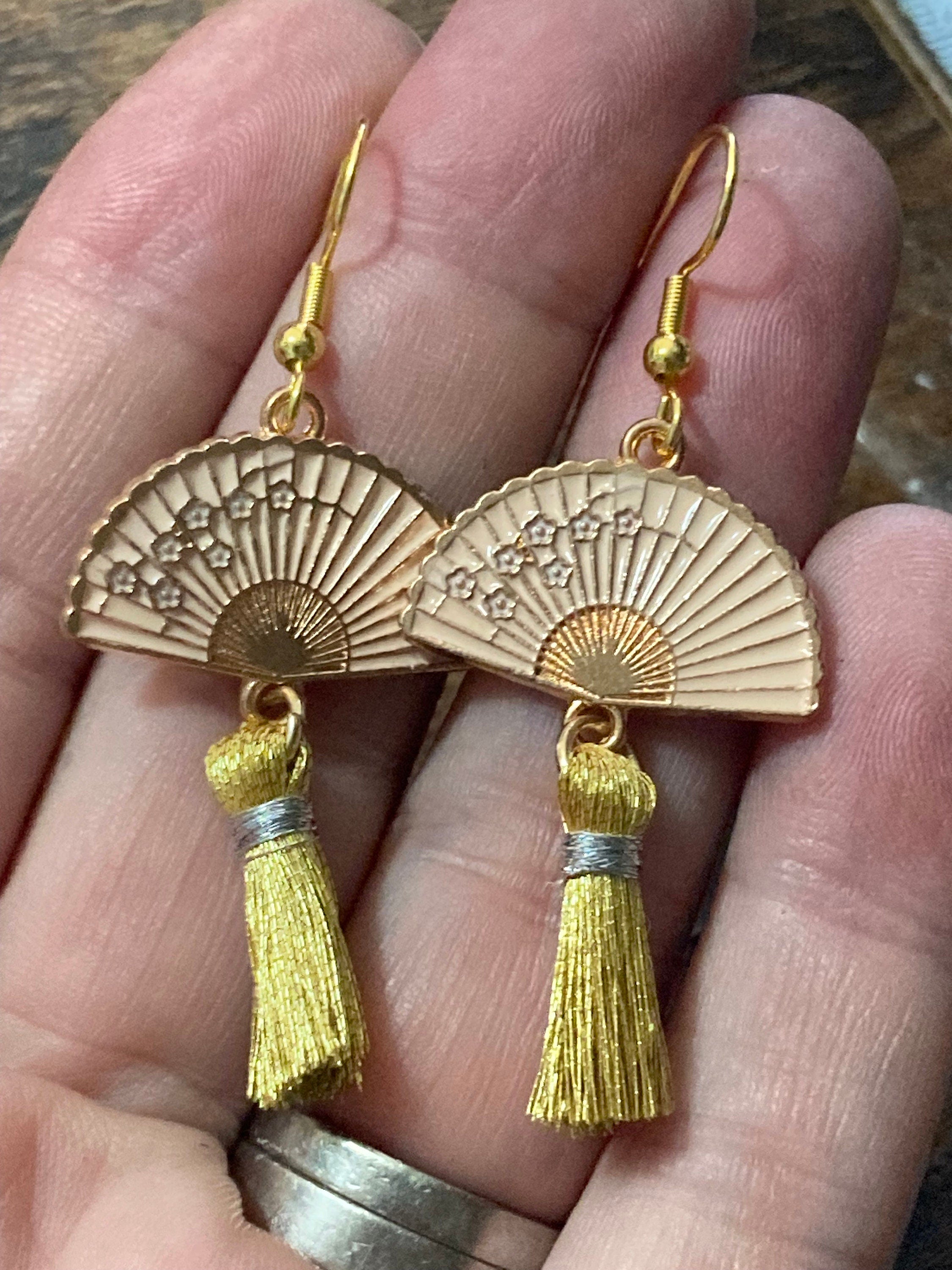 Japanese pink tassel fan earrings Vintage style gold tone Chinese pierced