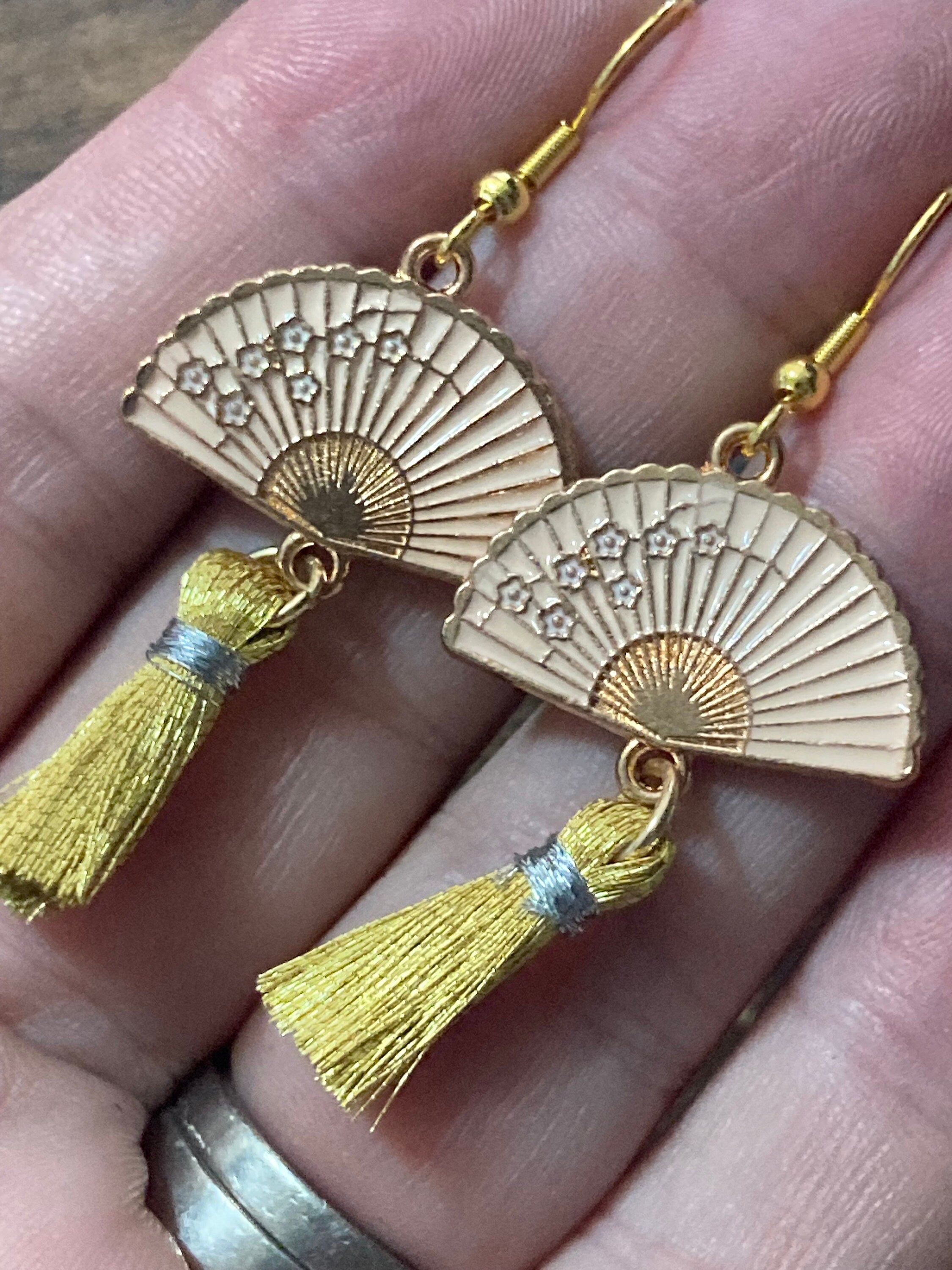 Japanese pink tassel fan earrings Vintage style gold tone Chinese pierced