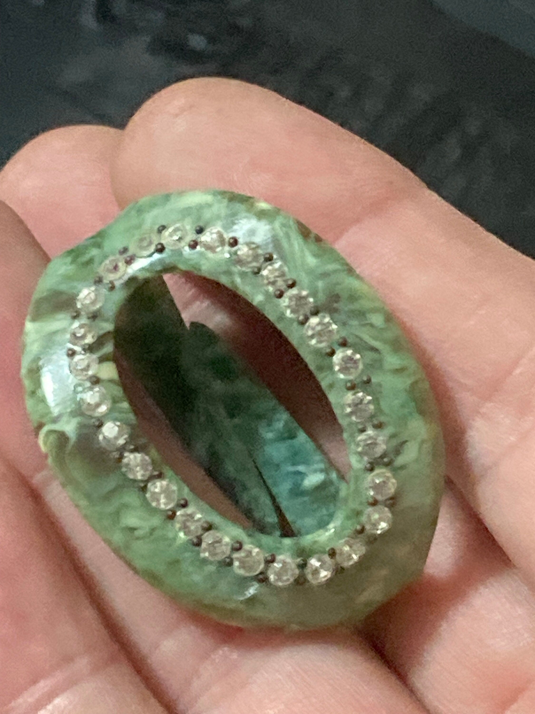 Vintage Art Deco Green Celluloid Scarf Ring with Diamanté