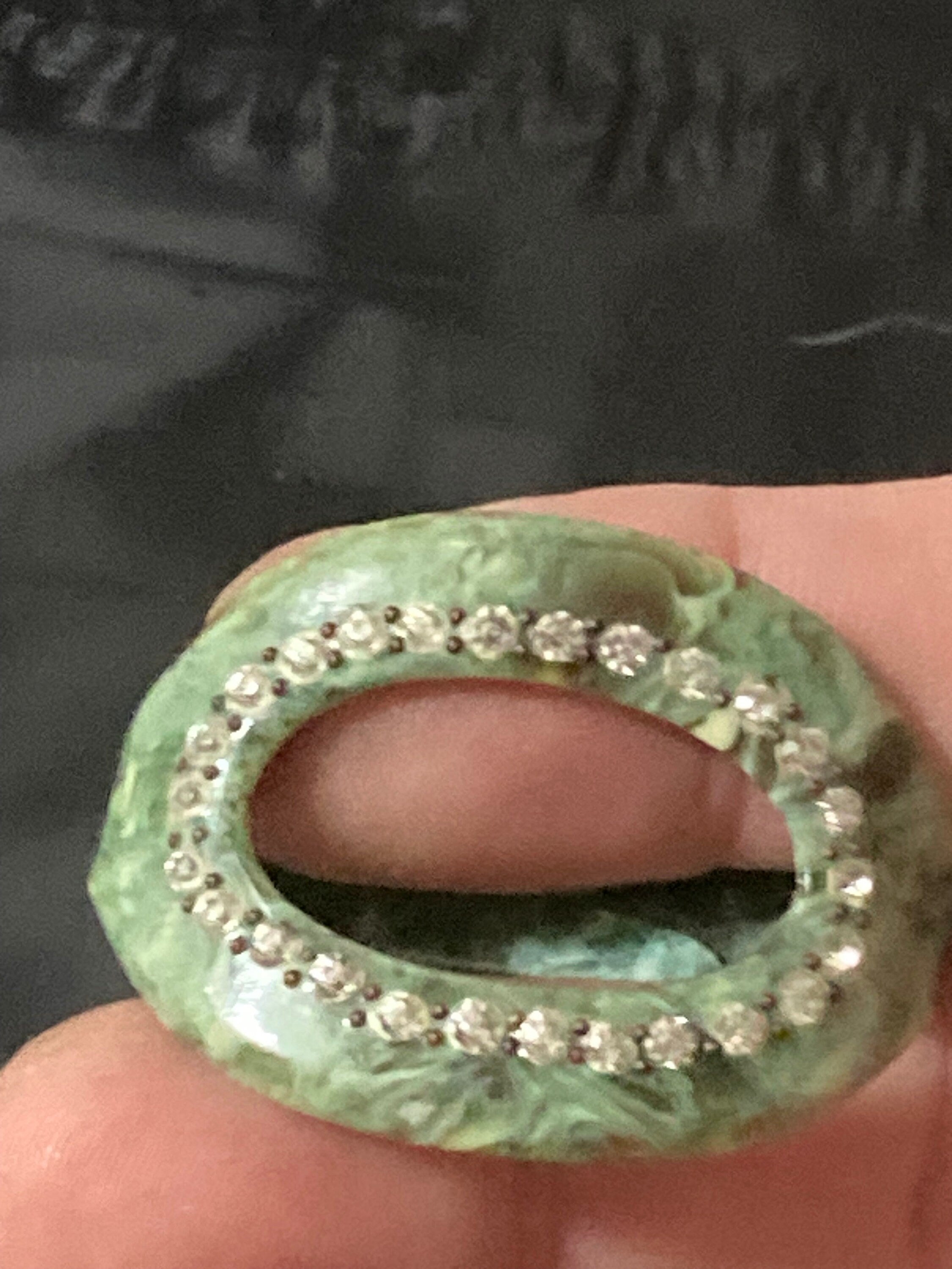 Vintage Art Deco Green Celluloid Scarf Ring with Diamanté