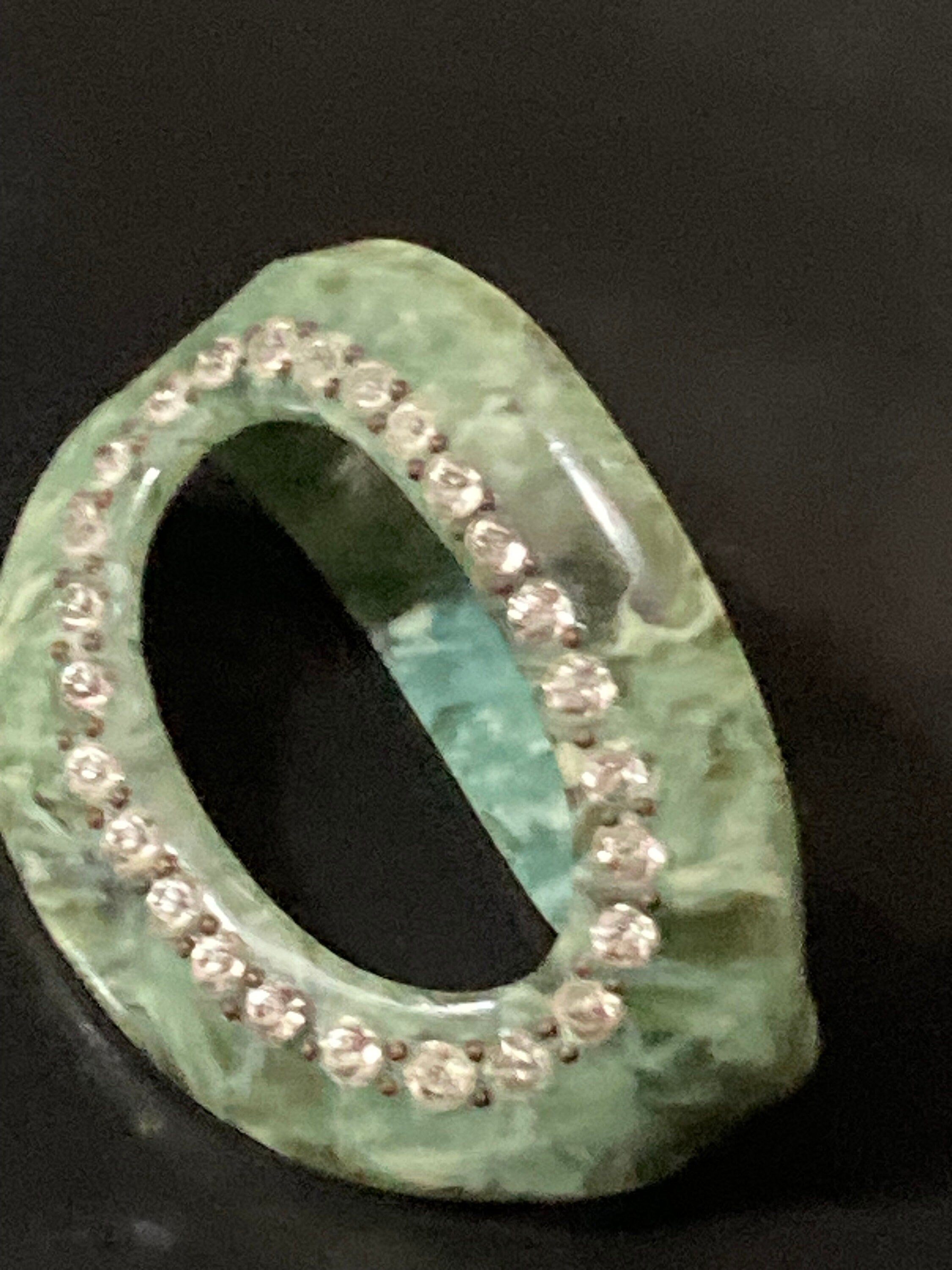 Vintage Art Deco Green Celluloid Scarf Ring with Diamanté