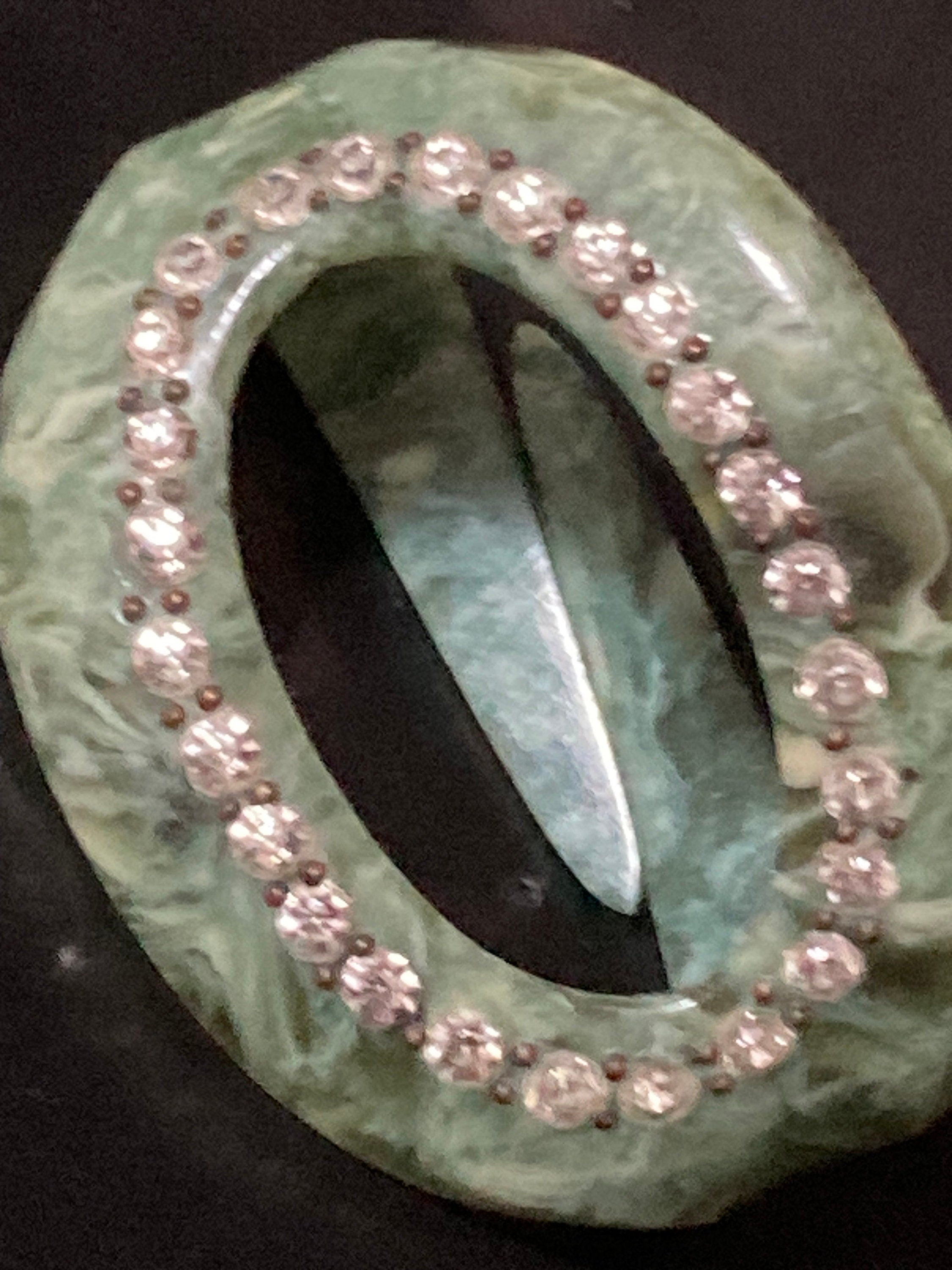 Vintage Art Deco Green Celluloid Scarf Ring with Diamanté