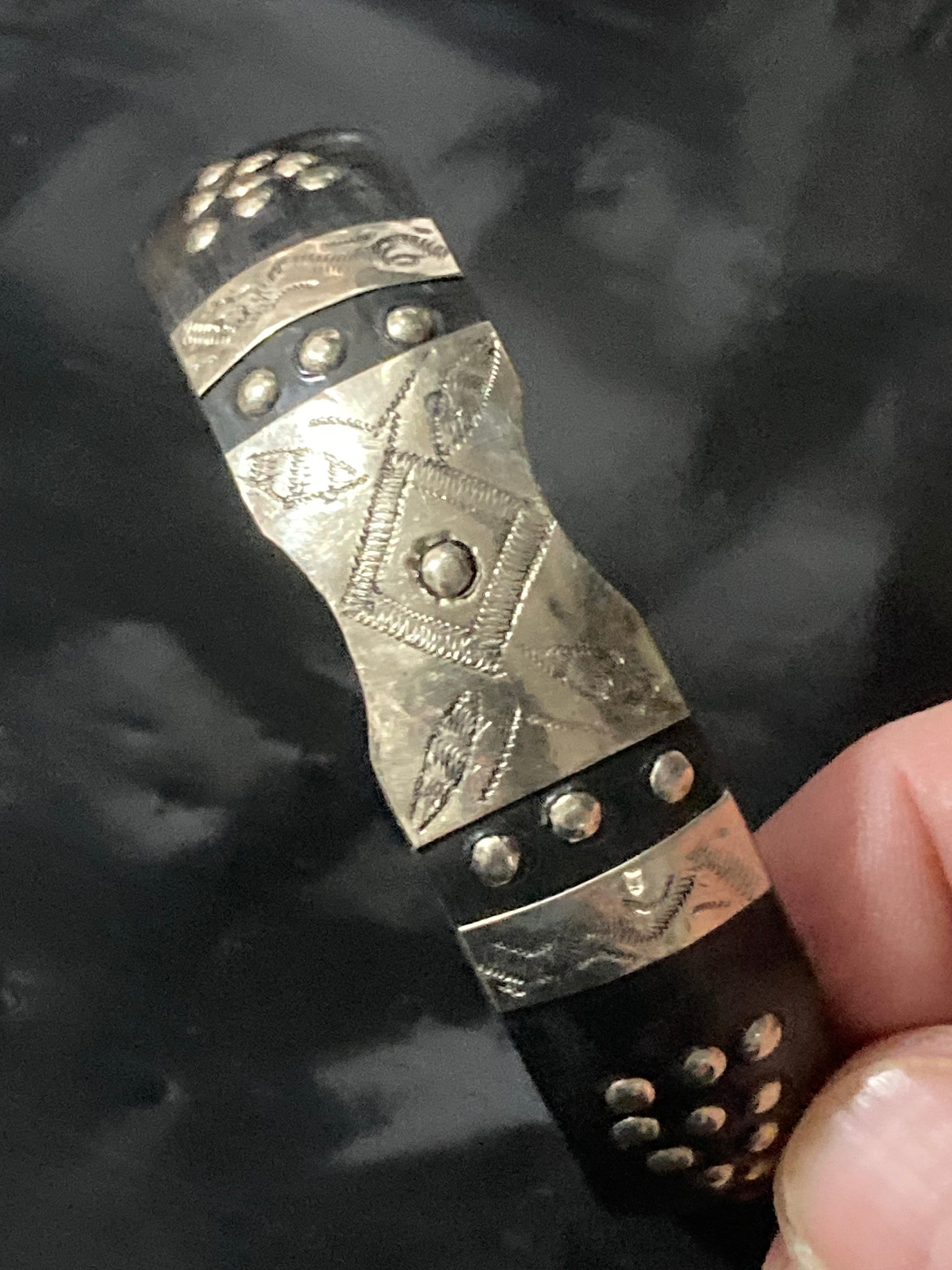 Antique Early carved wood or horn set with white metal engraved silver