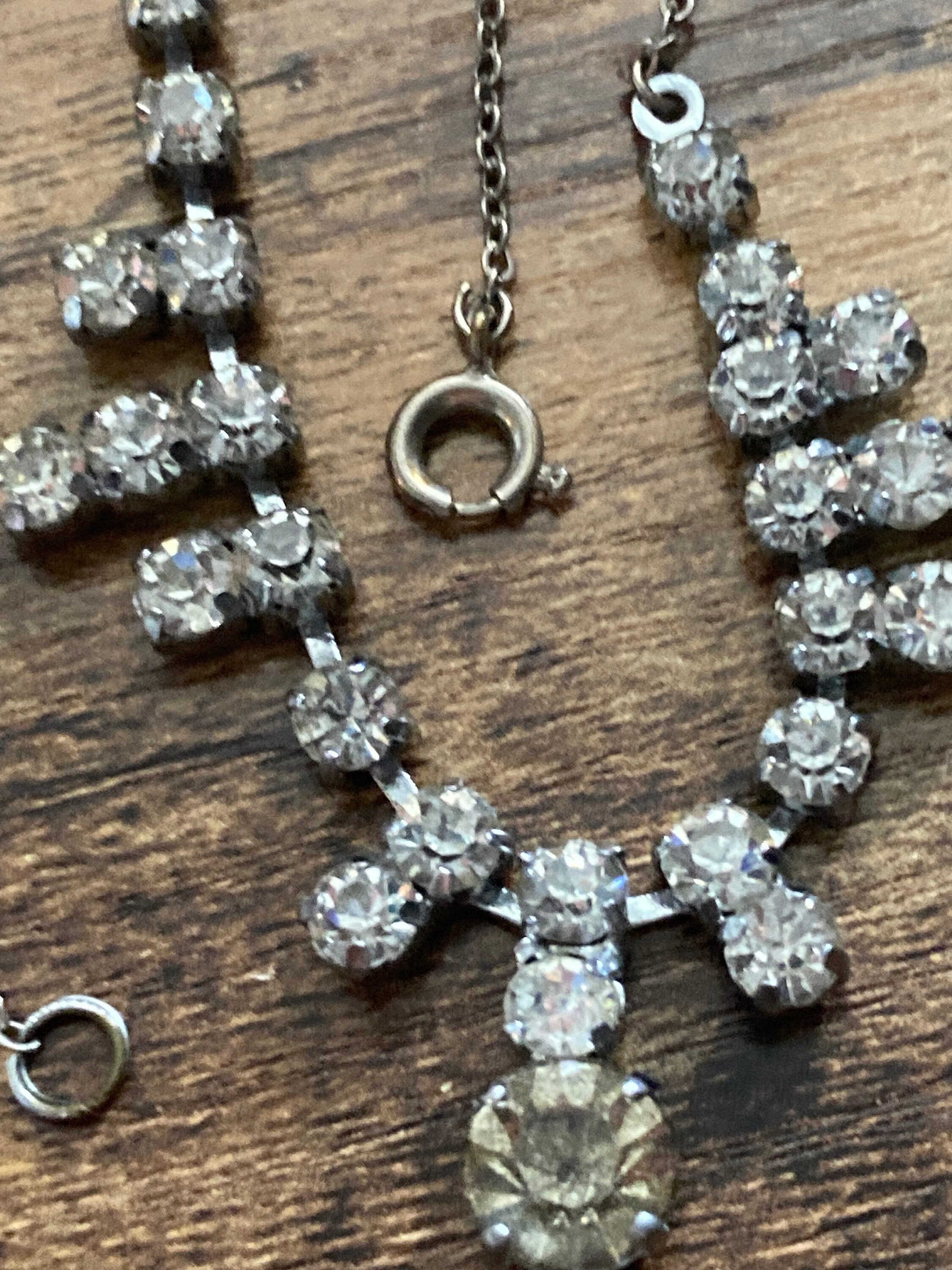 Vintage clear diamanté necklace paste rhinestone crystal silver tone