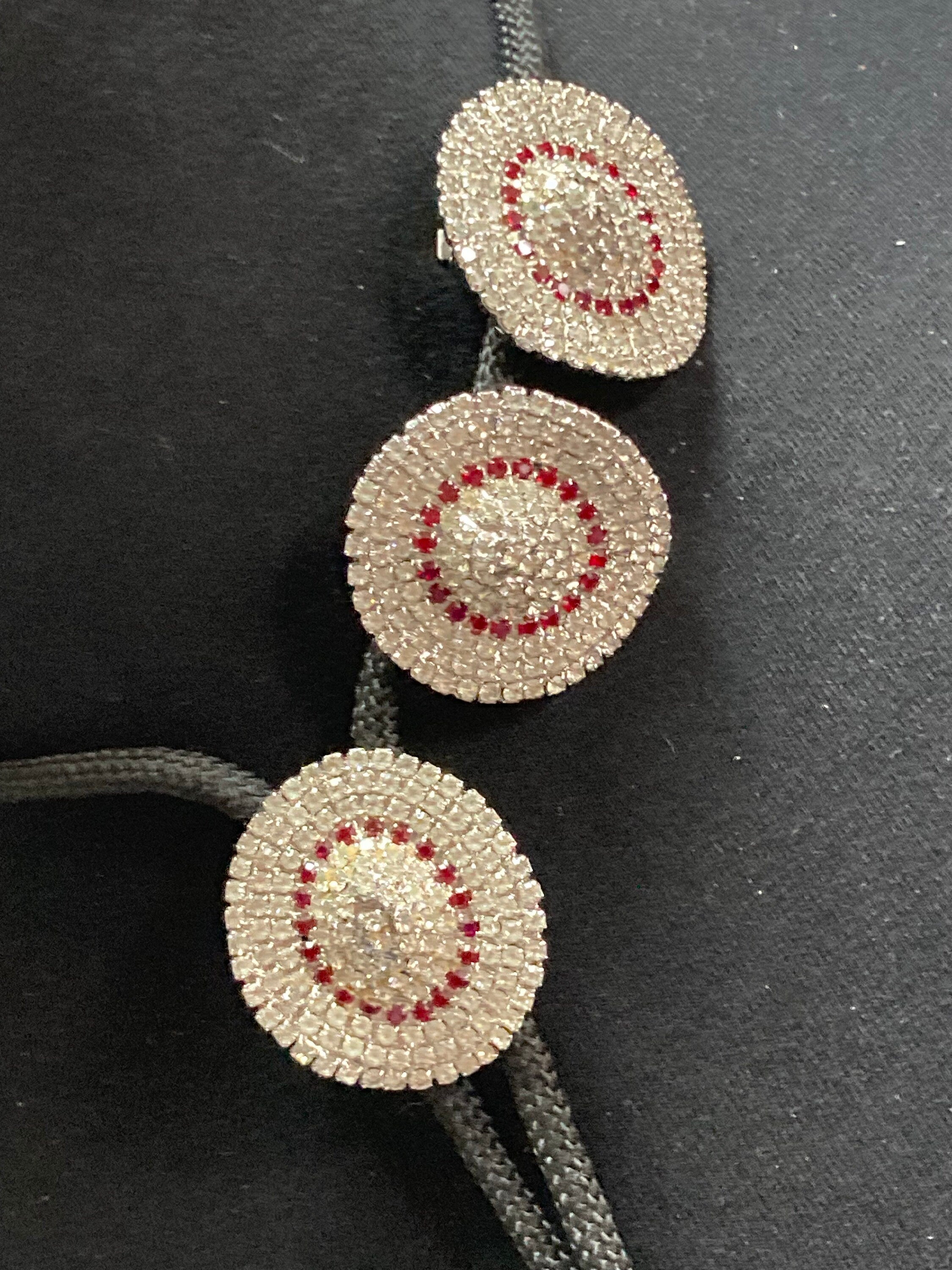 Vintage signed WEISS clear and red diamanté cowboy hat bolo and clip on earrings silver tone ideal line dancing gift