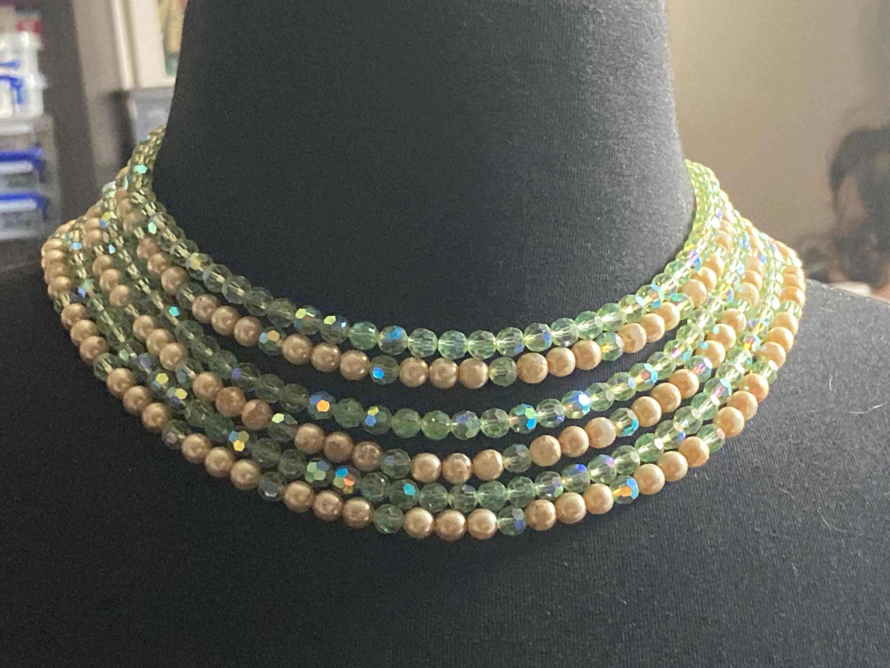Vintage 1960s 5 strand green faux pearl glass beaded waterfall necklace