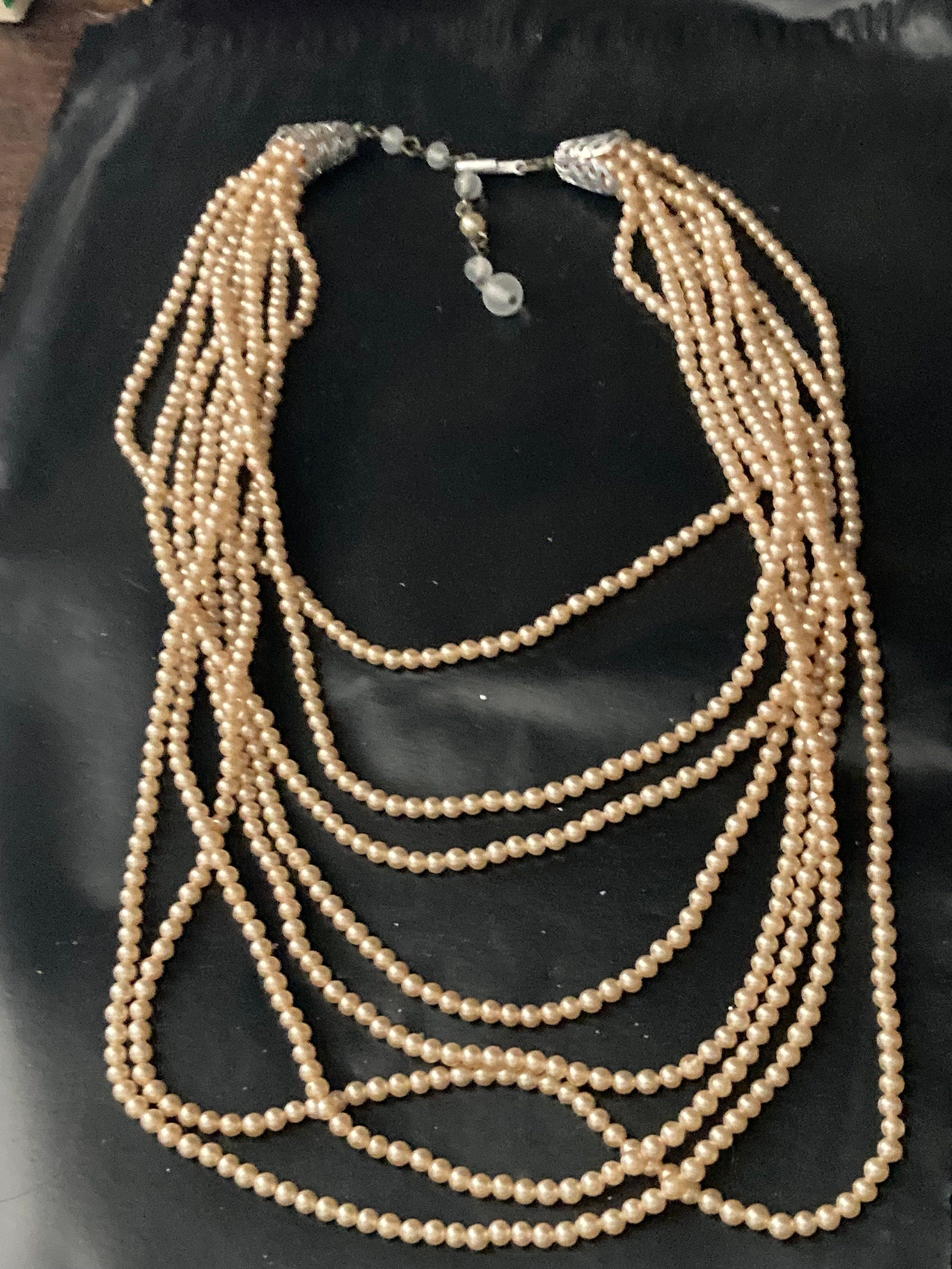 Stamped HK Hong Kong 9 row strand glass Pearl necklace