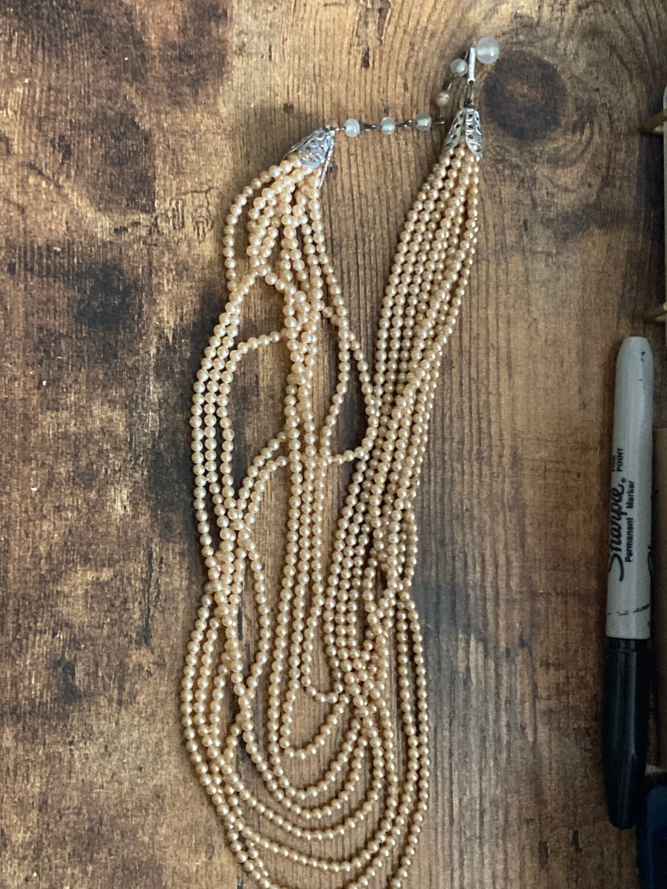 Stamped HK Hong Kong 9 row strand glass Pearl necklace