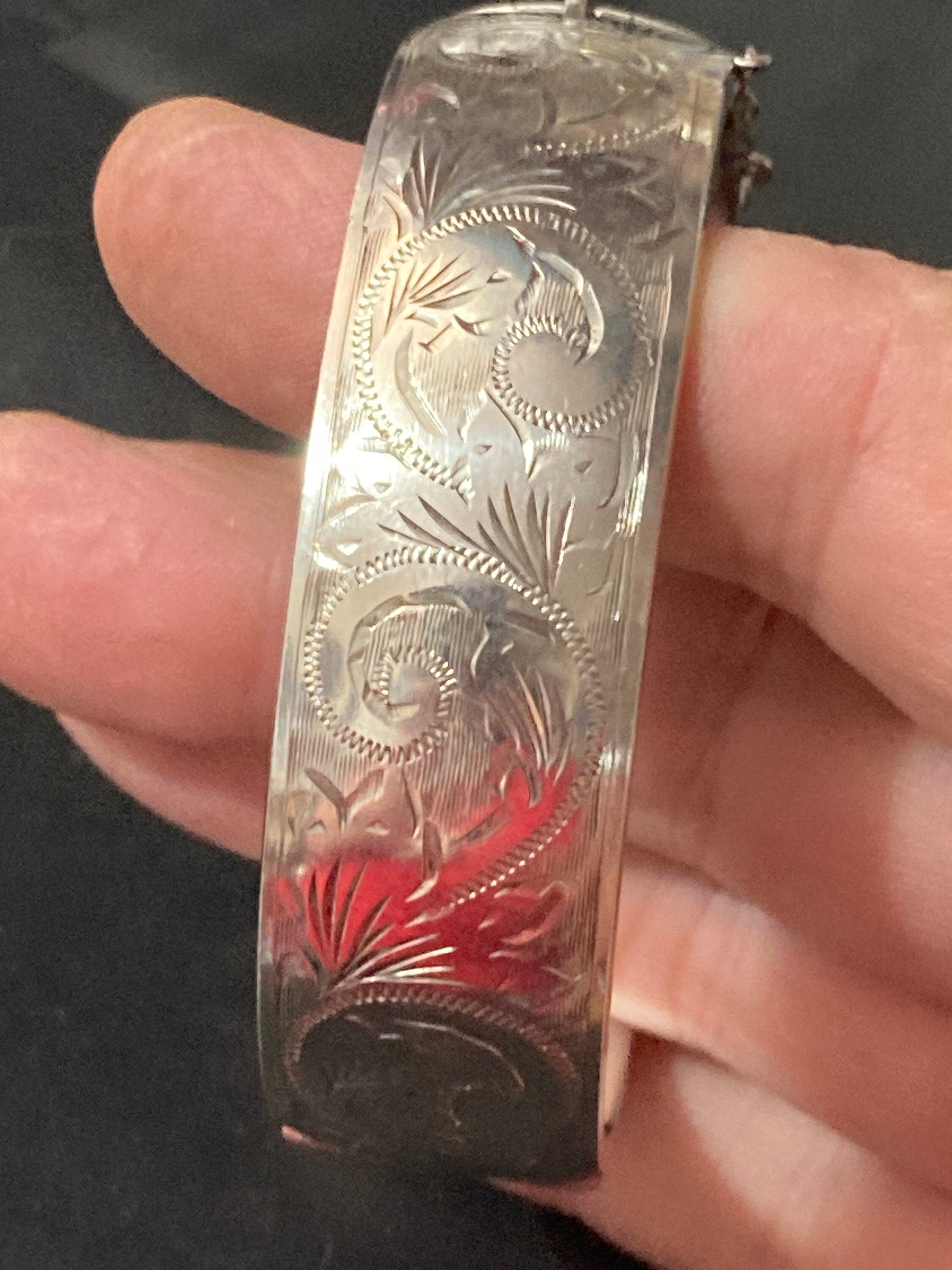 Wide sterling silver engraved floral 925 ornate bangle full hallmarks 44.6 gms bracelet