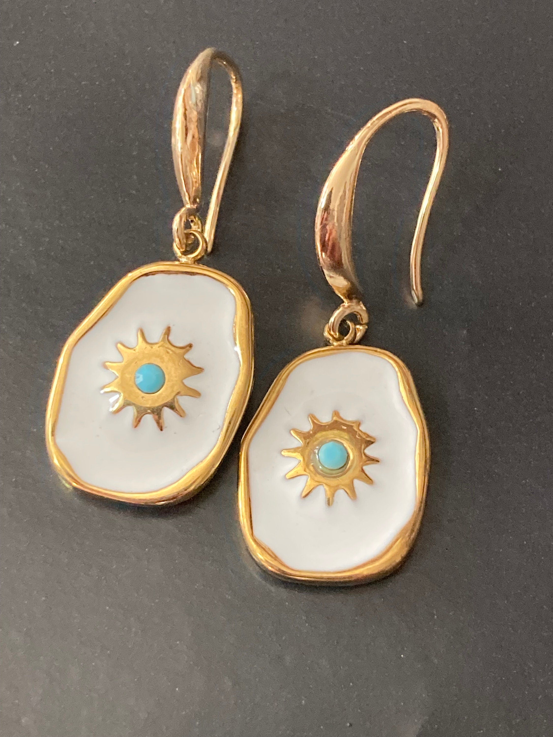 18k gold plated turquoise blue White enamel Victorian charm drop earrings