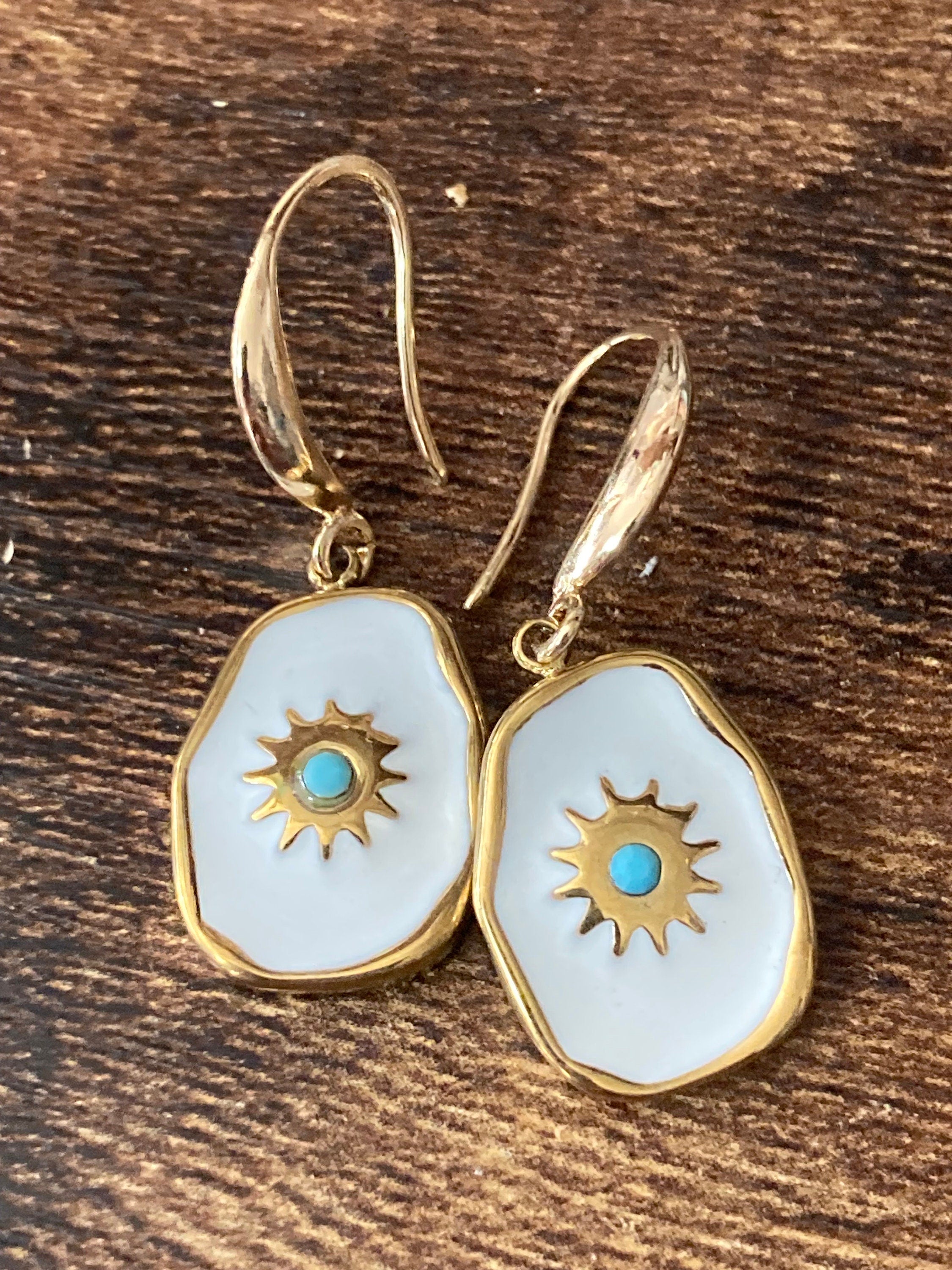 18k gold plated turquoise blue White enamel Victorian charm drop earrings