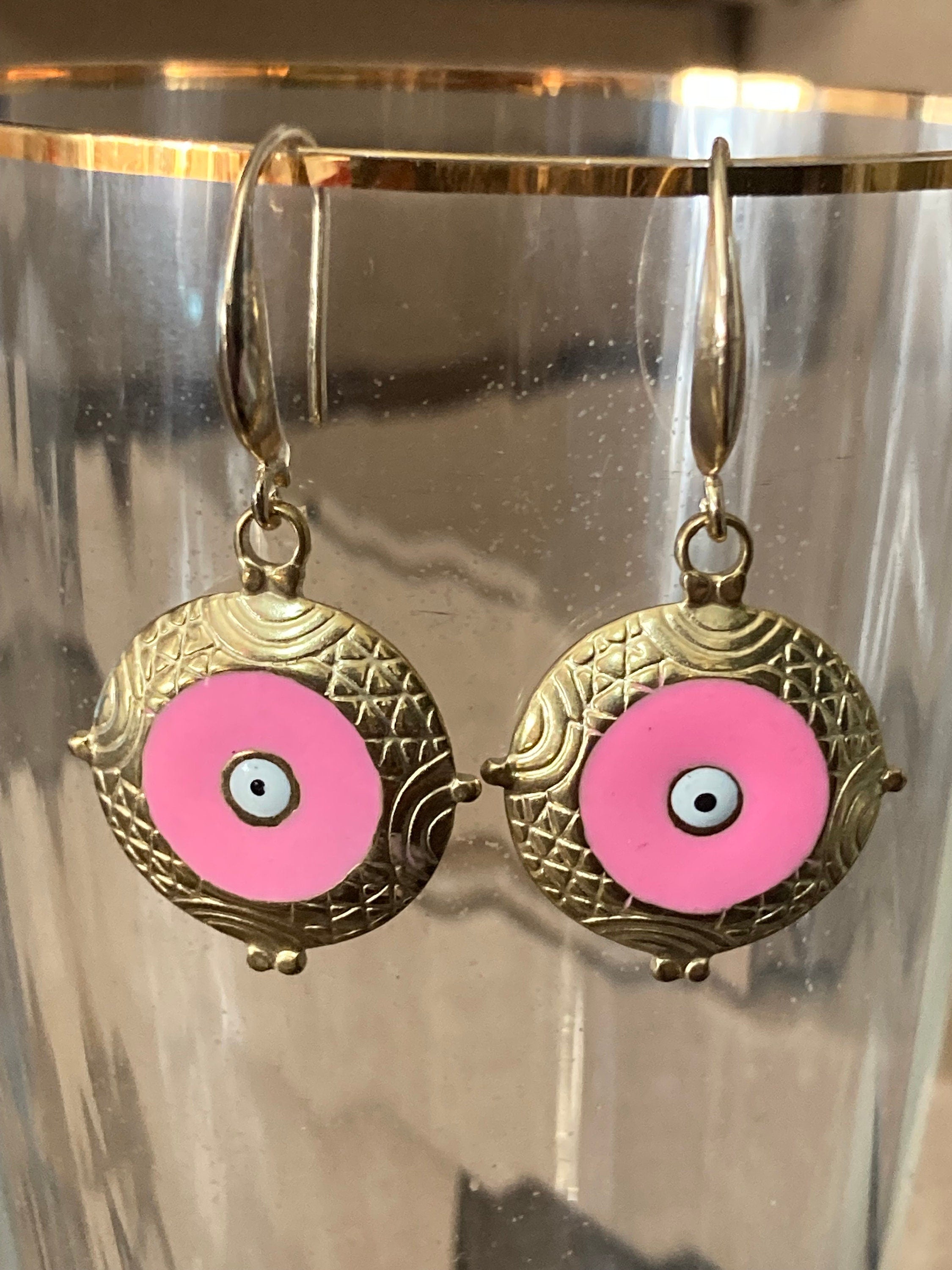 18k gold plated pink enamel third eye Victorian charm drop earrings
