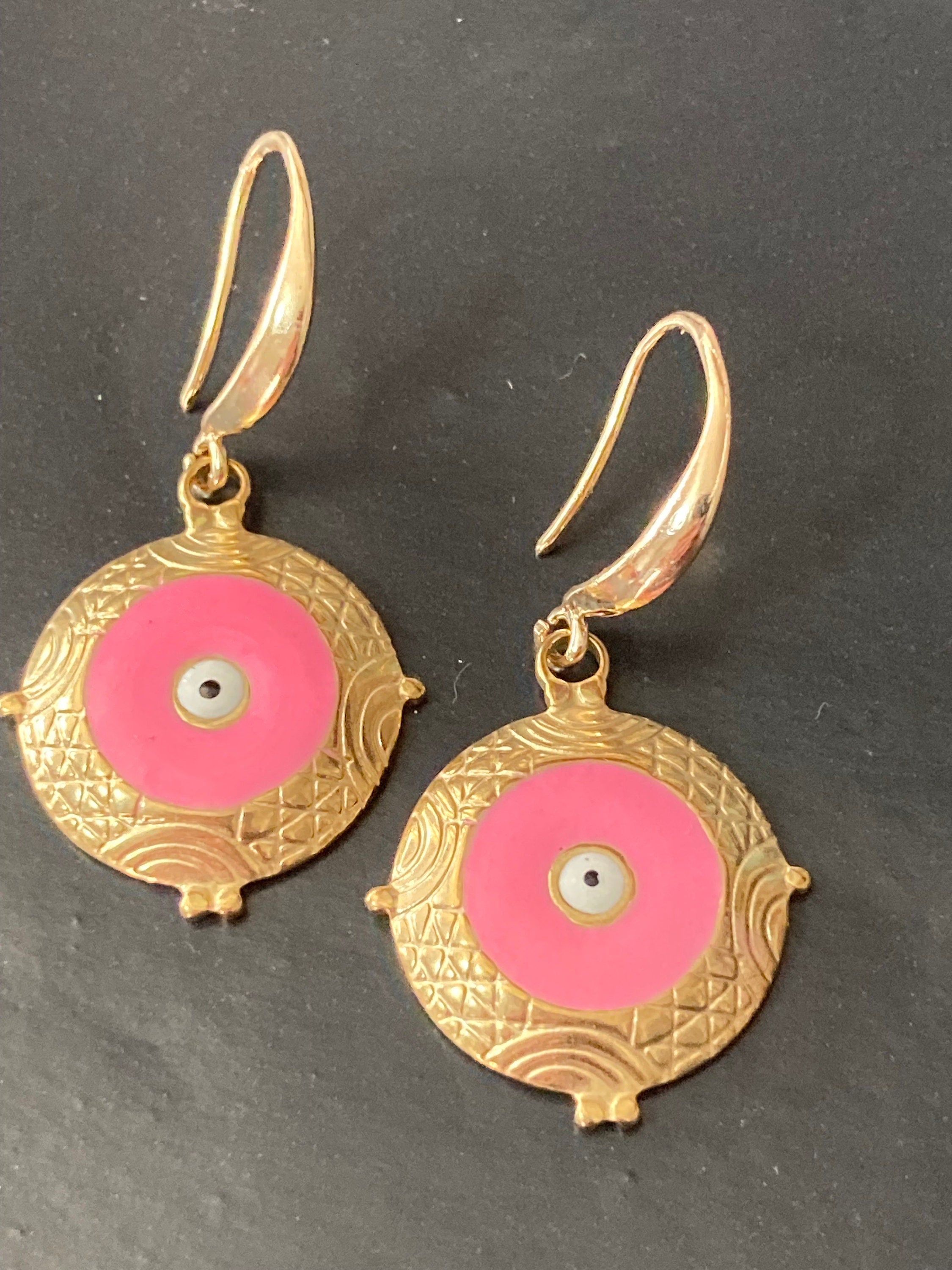 18k gold plated pink enamel third eye Victorian charm drop earrings