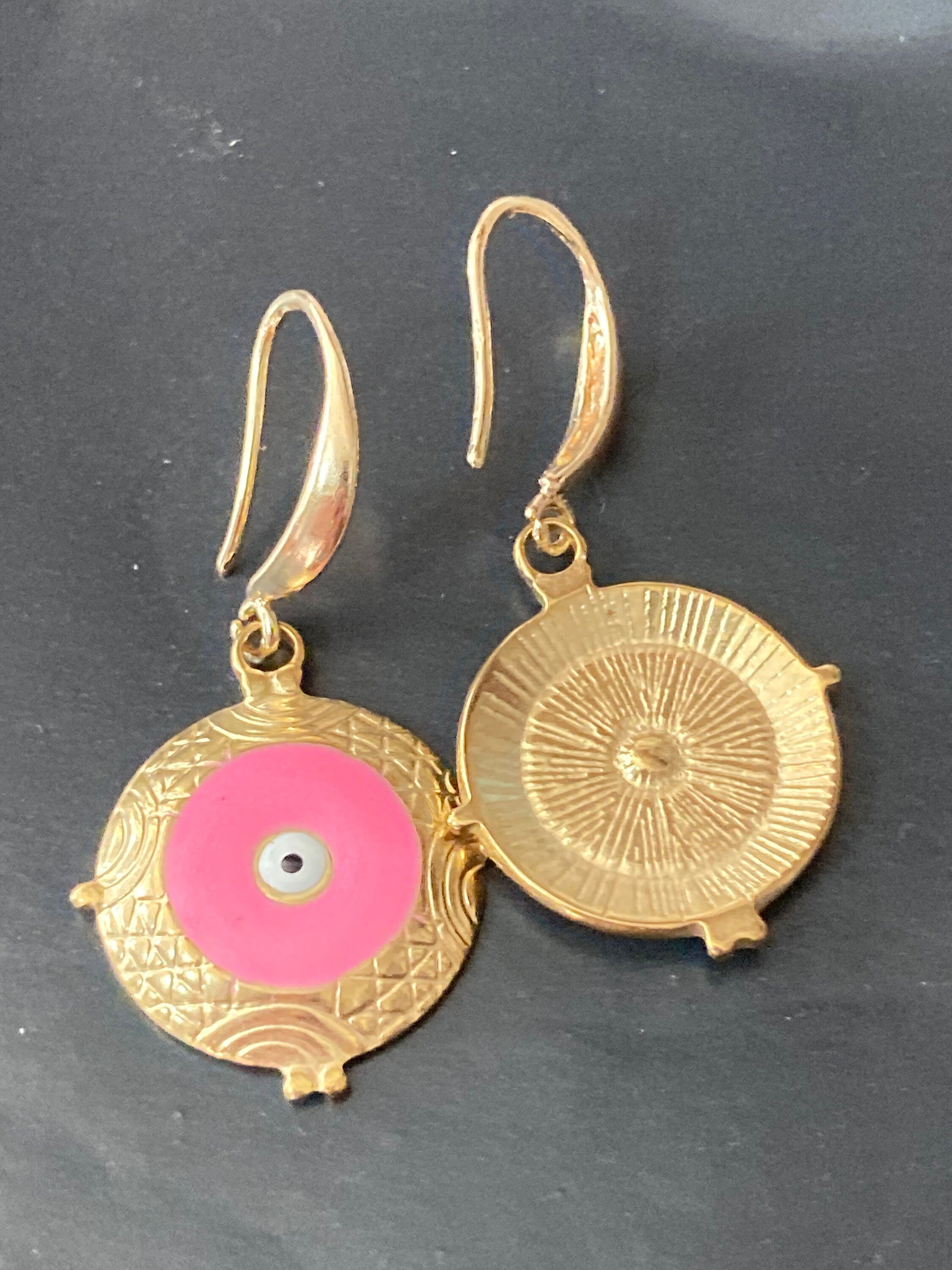 18k gold plated pink enamel third eye Victorian charm drop earrings