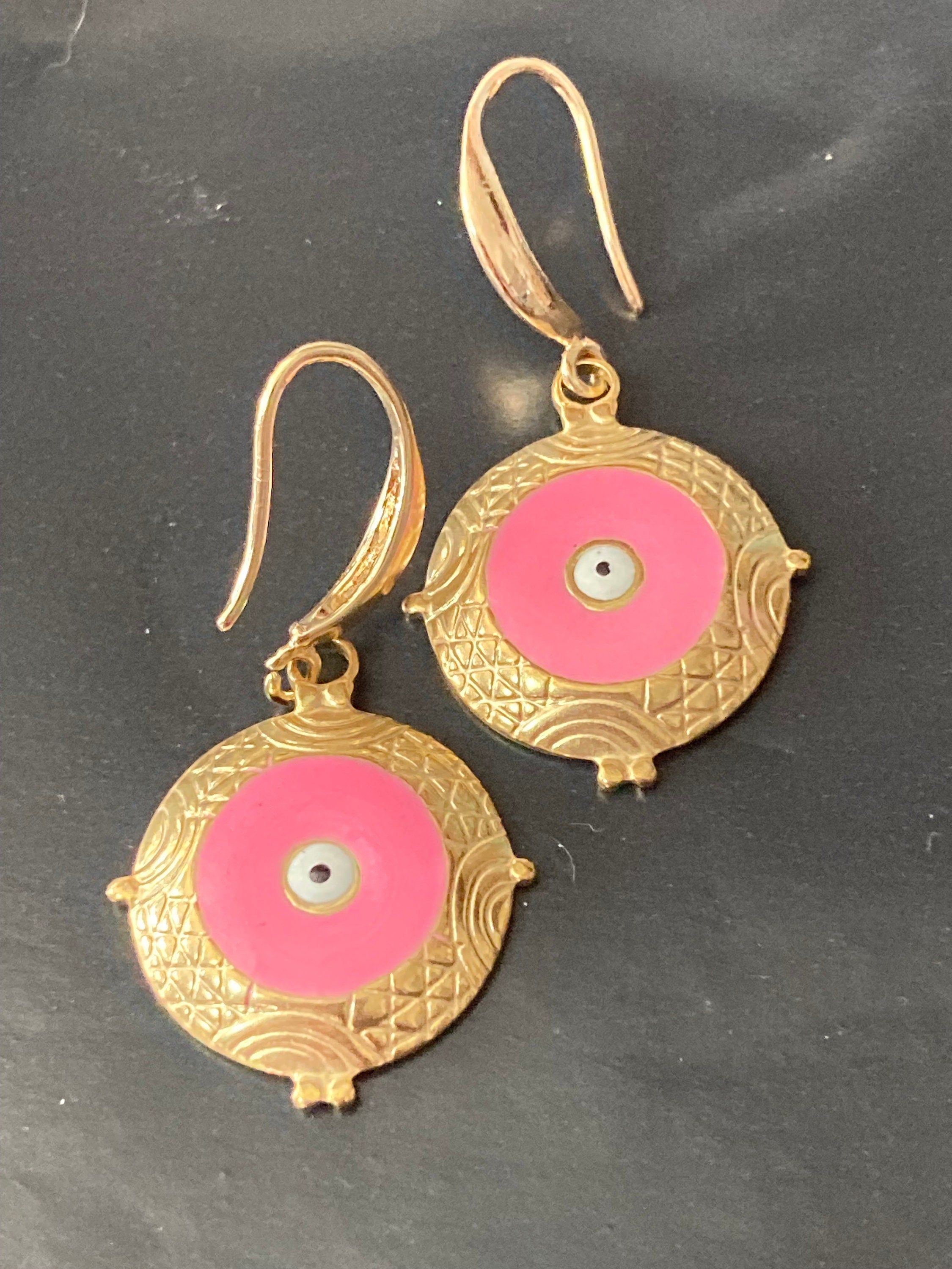 18k gold plated pink enamel third eye Victorian charm drop earrings